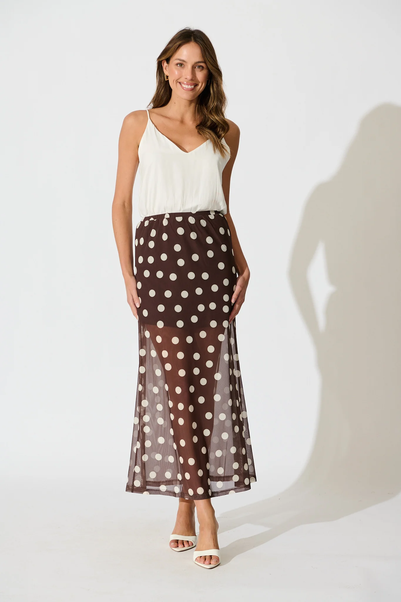 Dotted Moment Maxi Skirt in Brown with White Polka Dot - Image 4