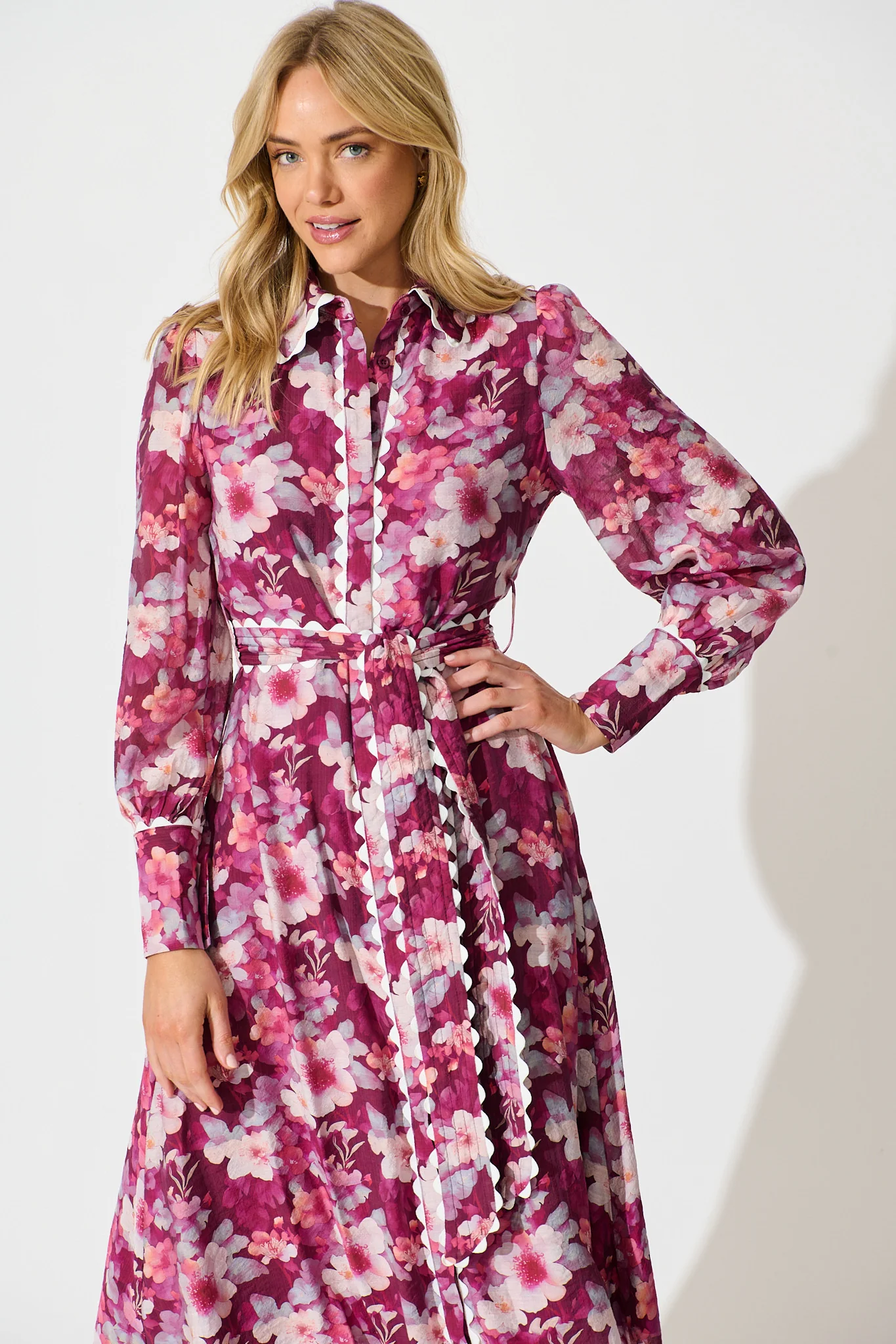 Dreamy Dusk Midi Shirt Dress in Plum Floral - Image 2