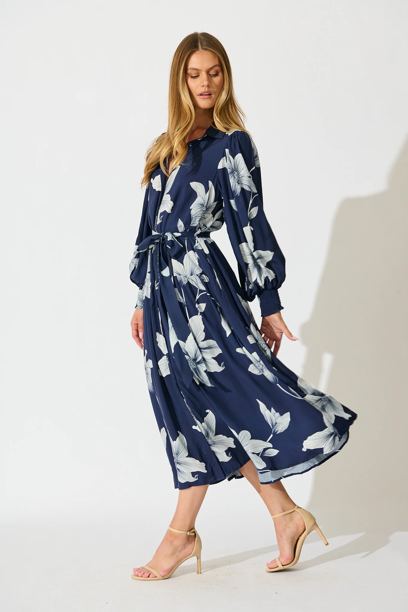 Eden Mist Midi Shirt Dress in Navy with White Floral Print - Image 3