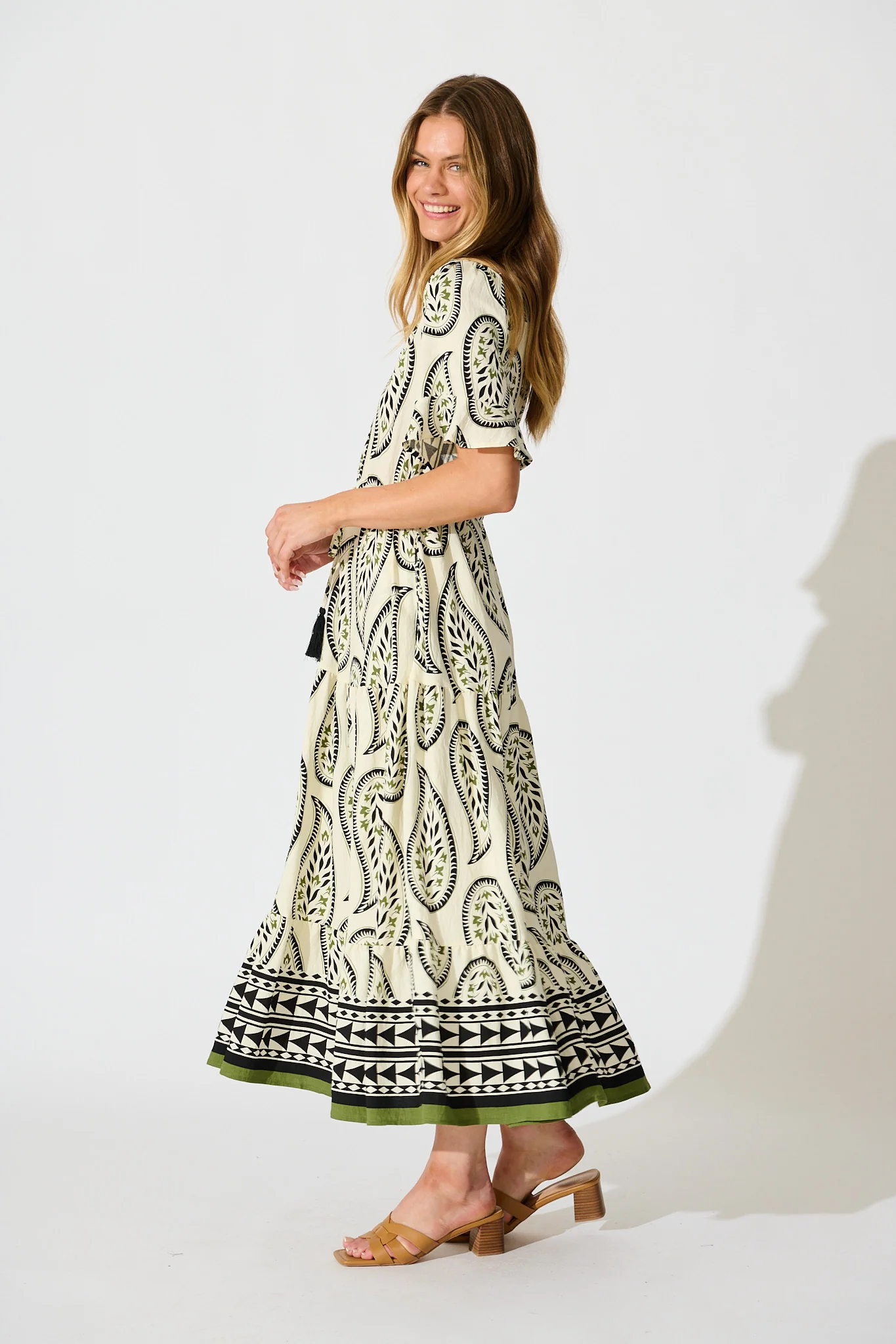 Effia Midi Dress in White with Black Paisley Print - Image 3