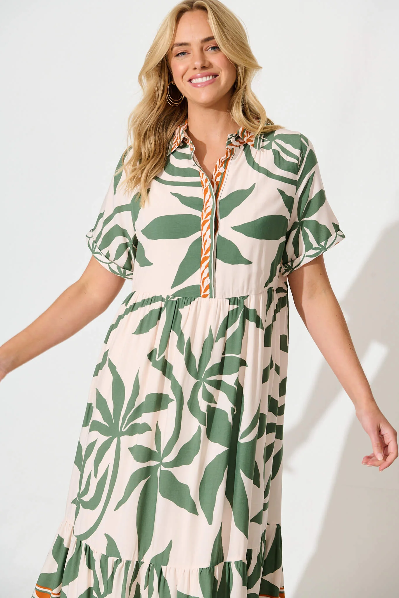Elestria Midi Smock Dress in Cream with Green Leaf - Image 2