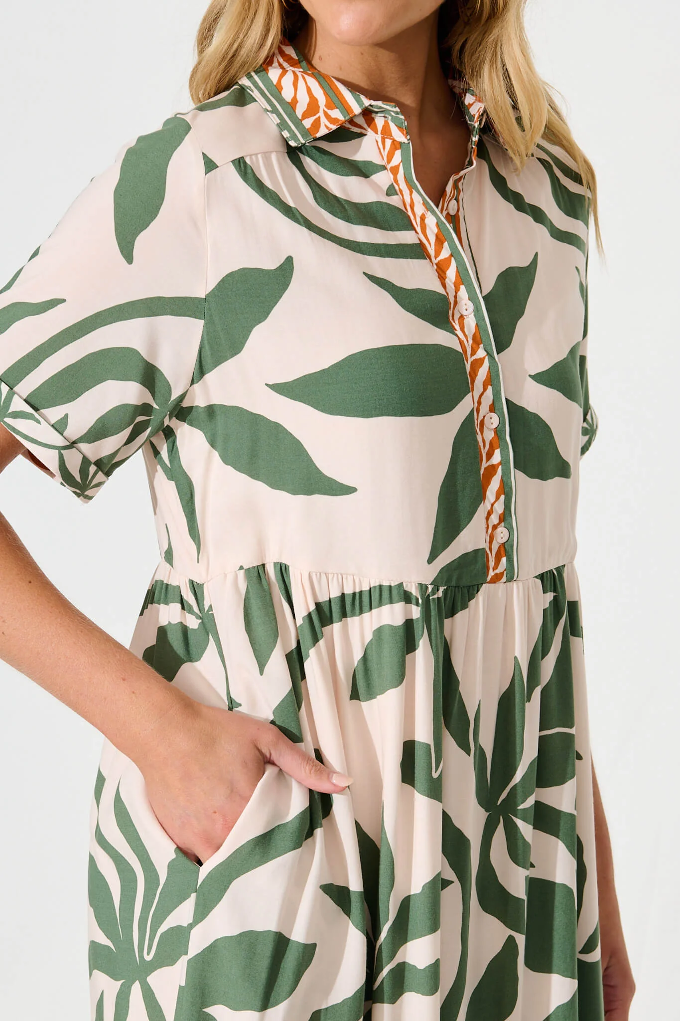 Elestria Midi Smock Dress in Cream with Green Leaf - Image 5