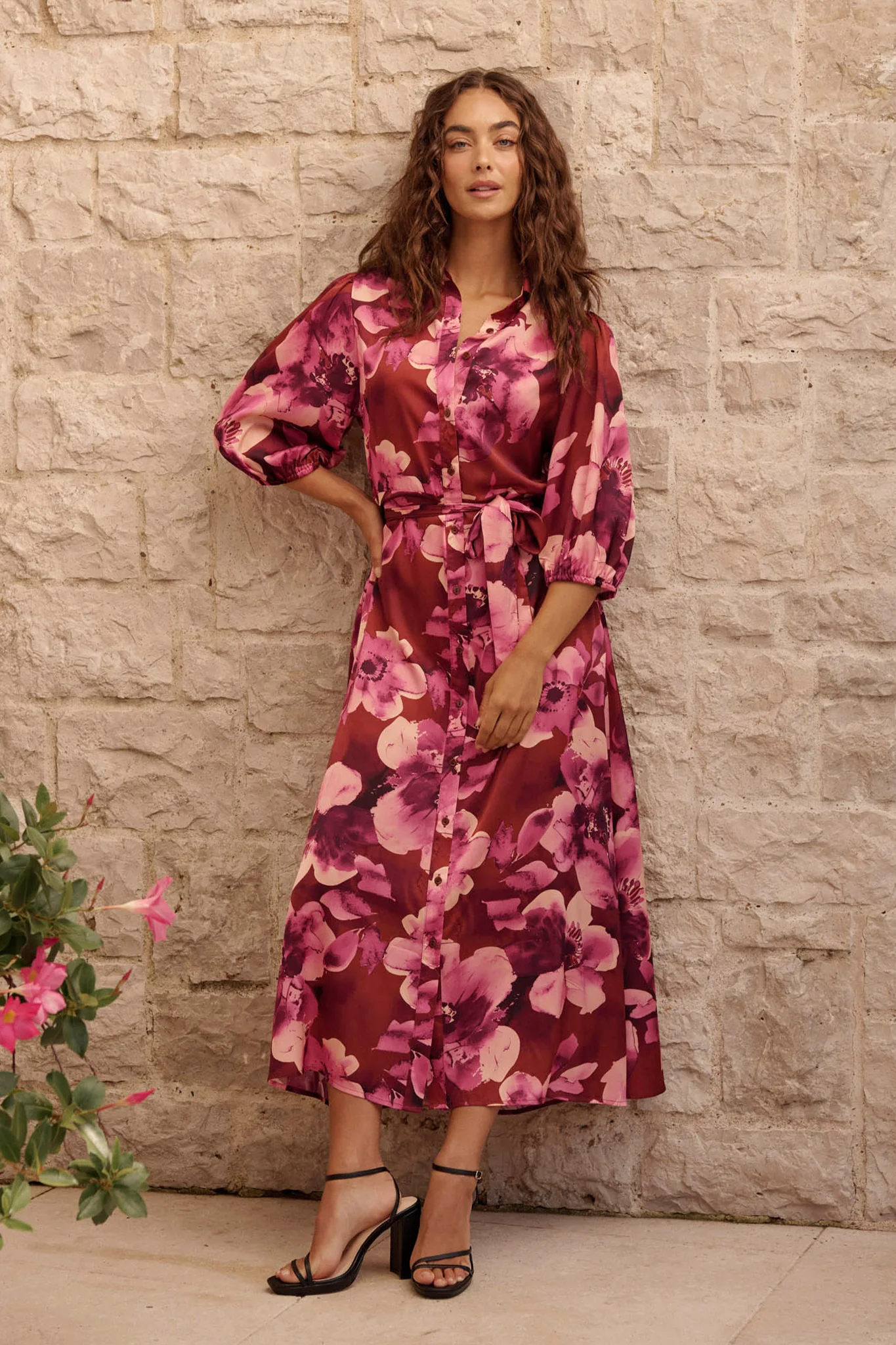Elevation Maxi Shirt Dress in Wine with Blush Floral Satin - Image 5