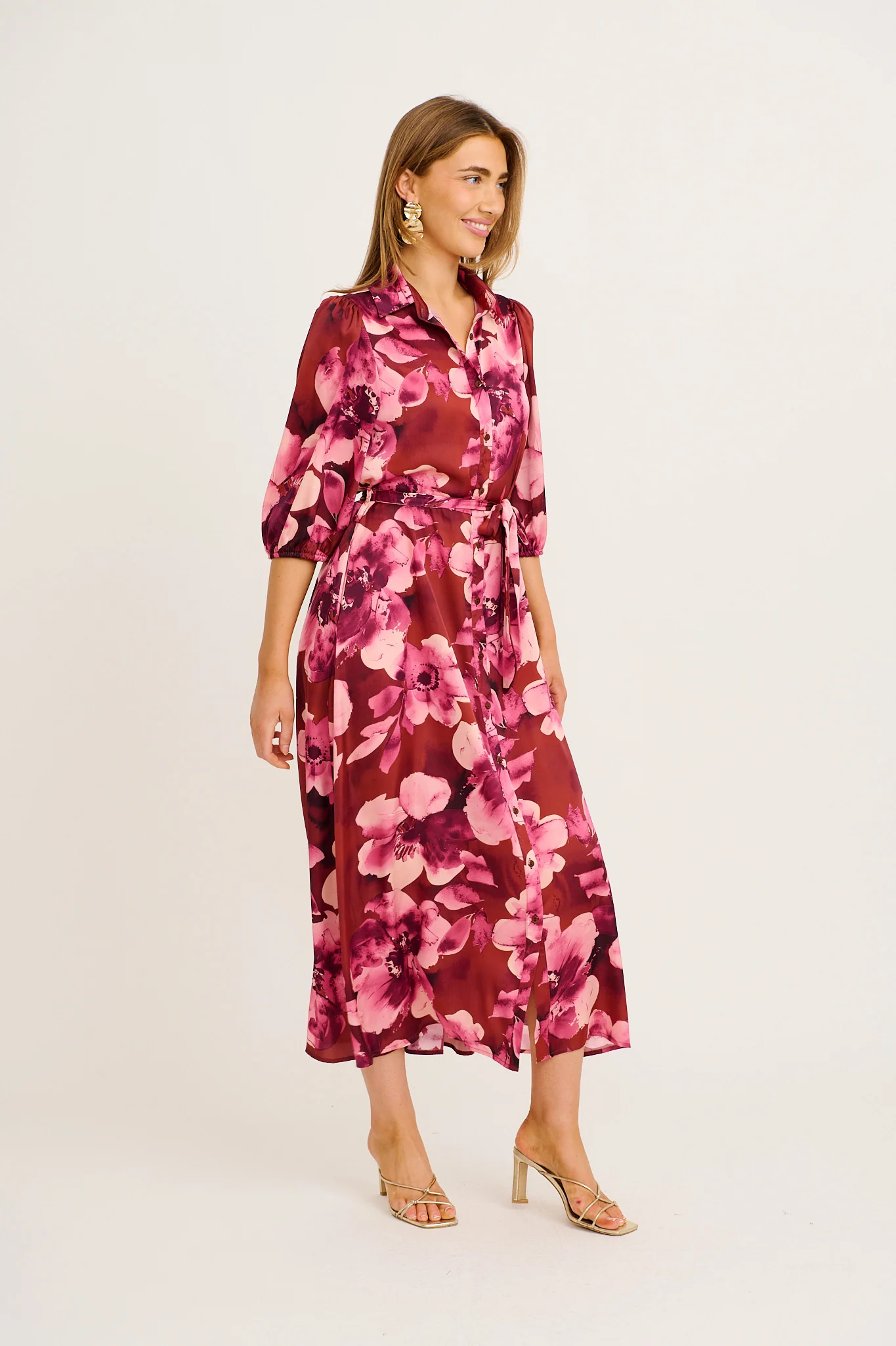 Elevation Maxi Shirt Dress in Wine with Blush Floral Satin - Image 8