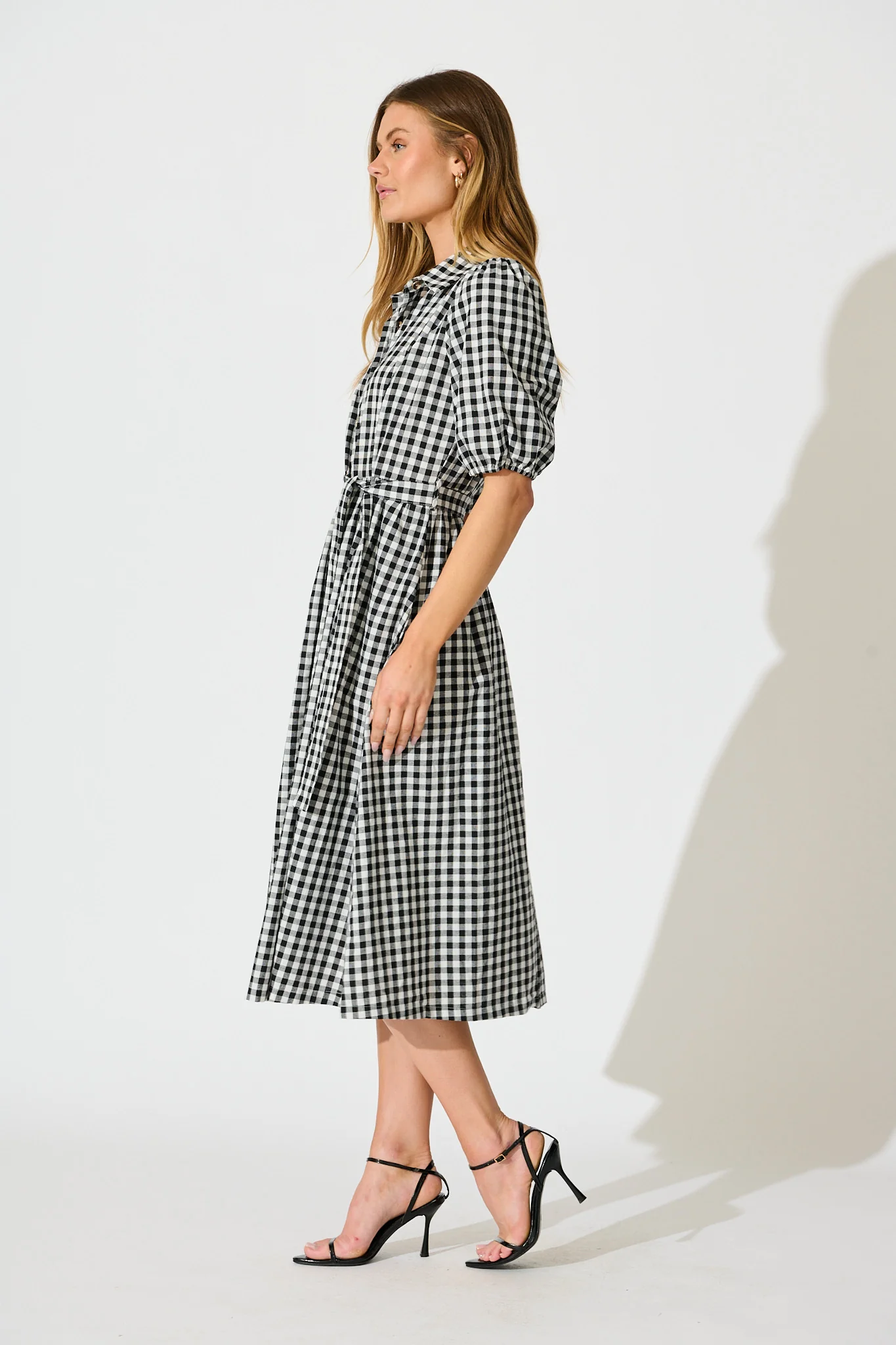 Elianna Midi Shirt Dress in Black and White Gingham Cotton - Image 3