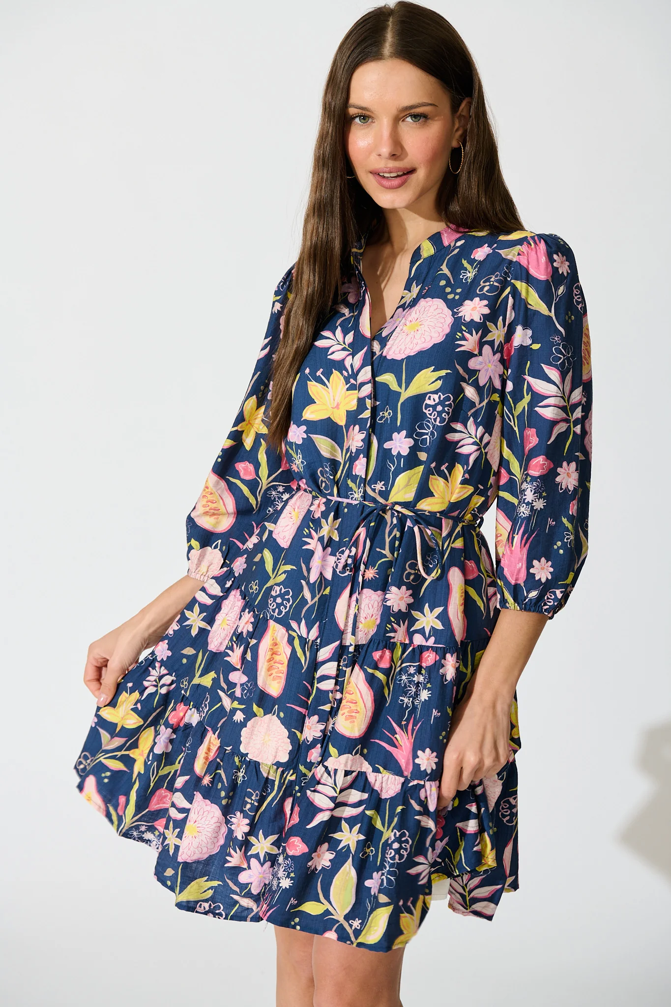 Elina Dress in Navy with Multi Floral - Image 2