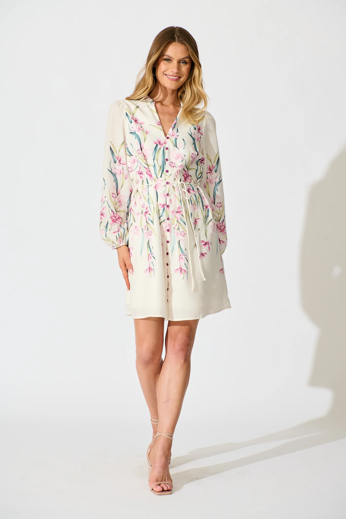 Elle Dress In White With Pink Floral Linen Blend