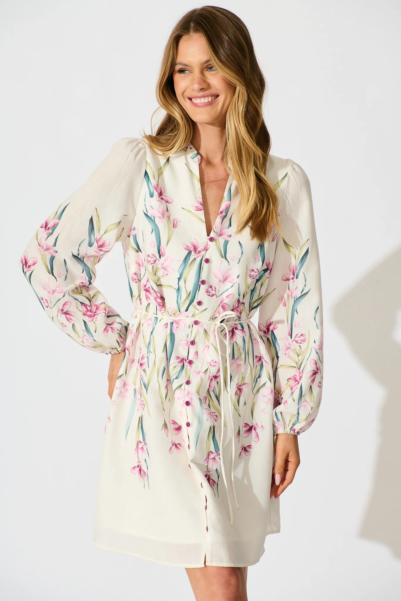 Elle Dress In White With Pink Floral Linen Blend - Image 2