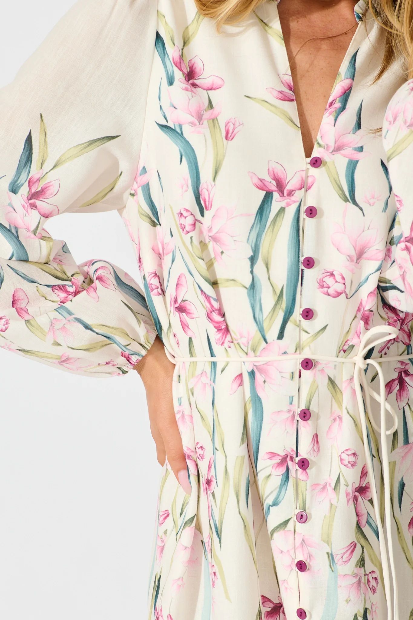 Elle Dress In White With Pink Floral Linen Blend - Image 6