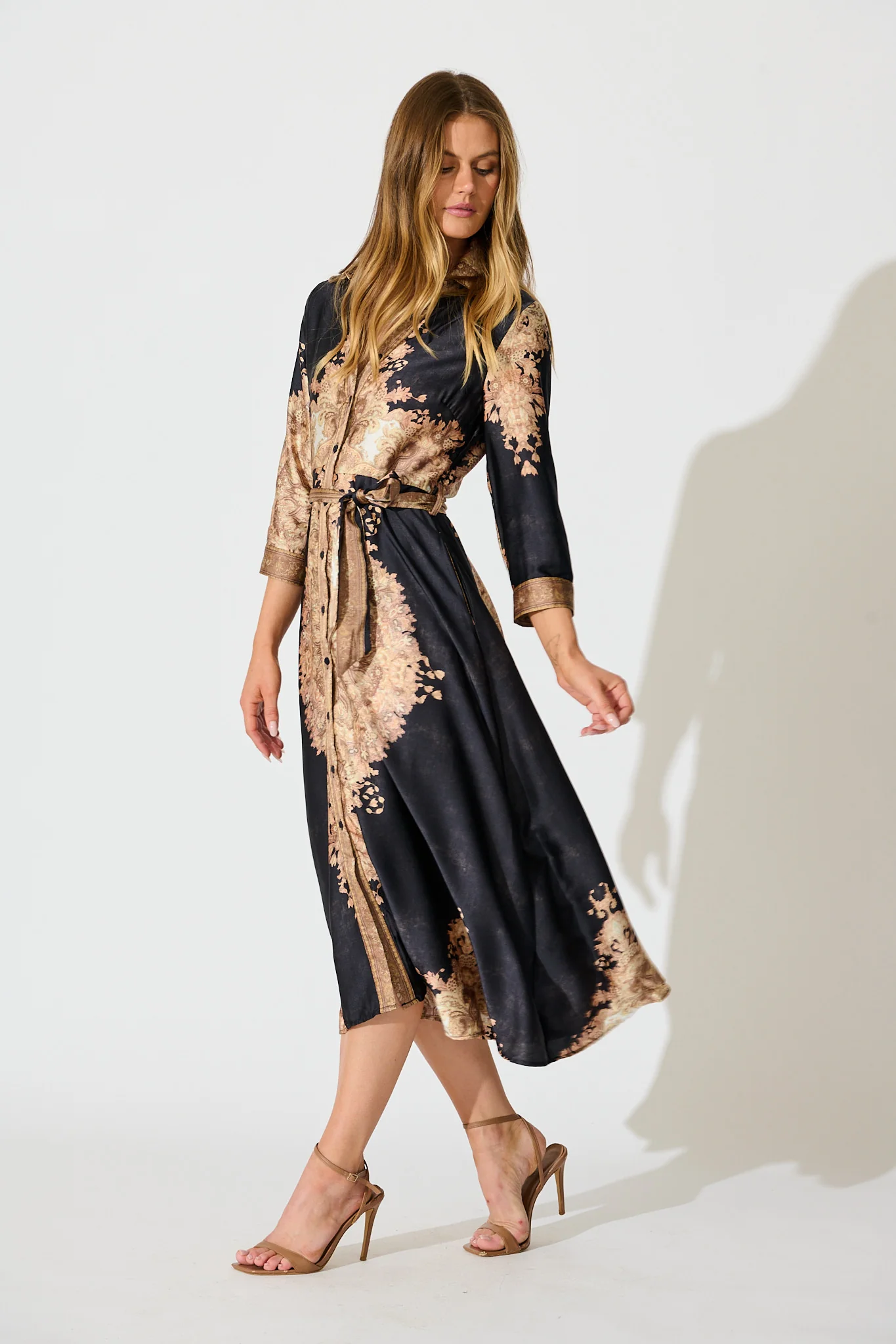 Ellen Midi Shirt Dress in Navy with Multi Placement Satin - Image 4