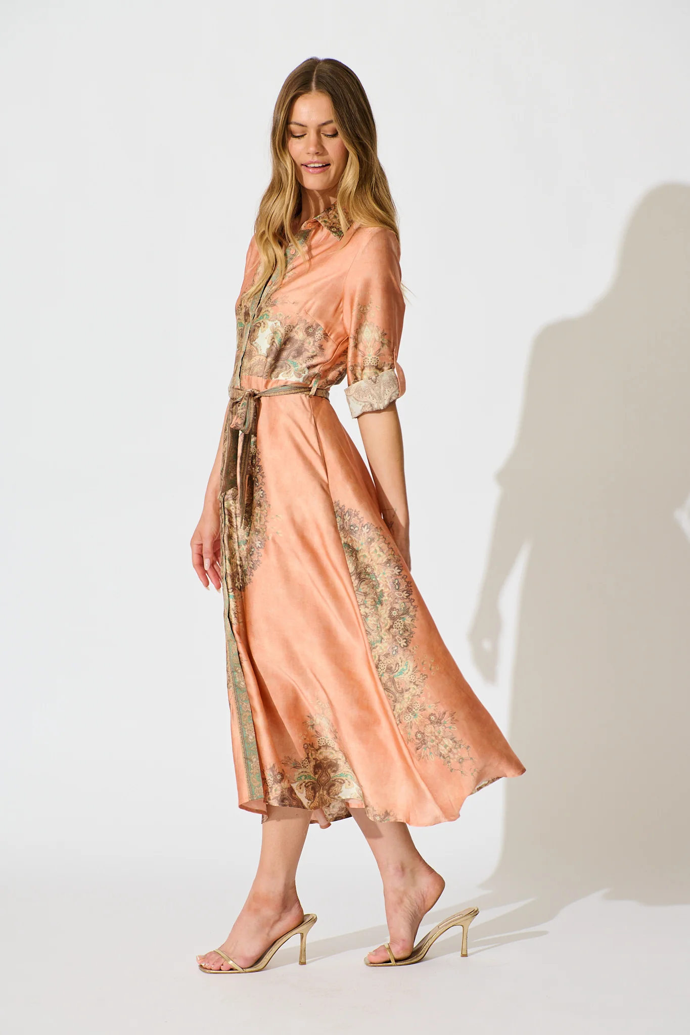 Ellen Midi Shirt Dress in Terracotta with Multi Placement Satin - Image 3