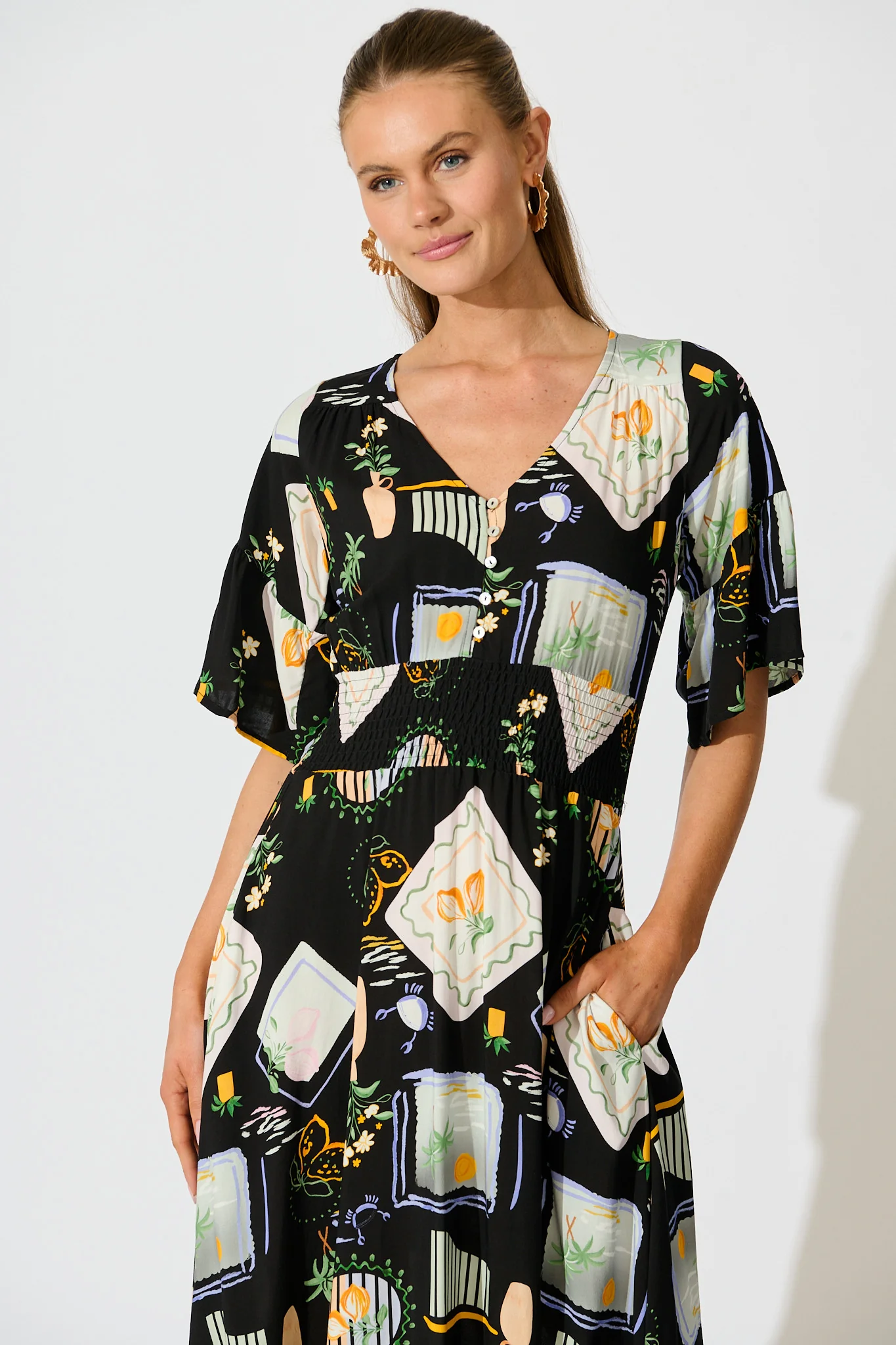 Eloa Midi Dress in Black with Multi Print - Image 2