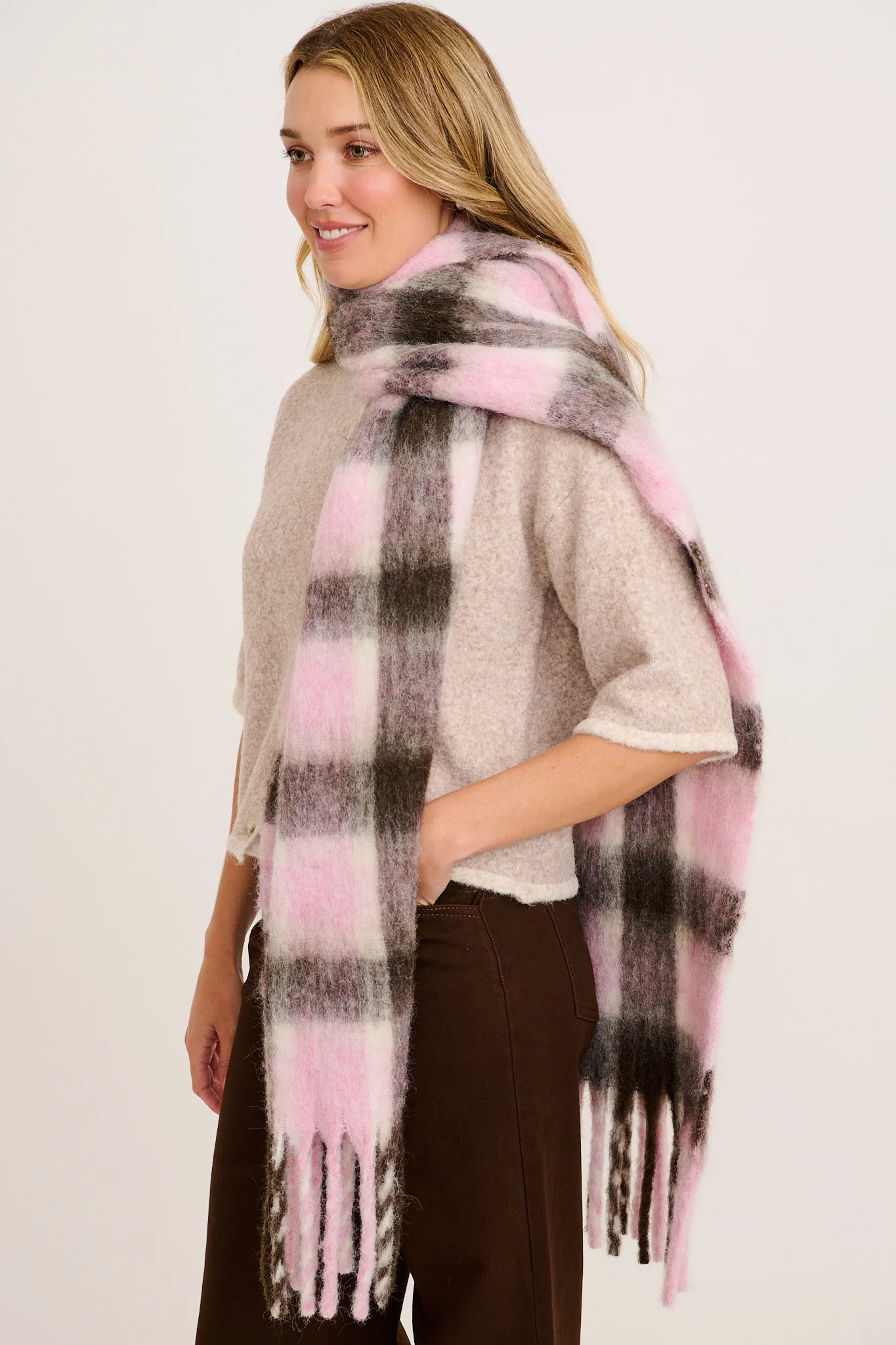 Elodie Knit Scarf in Multi Pink Check - Image 2