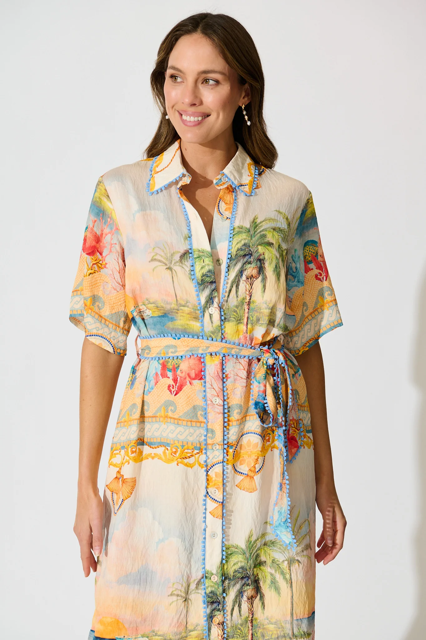 Elowen Midi Shirt Dress in Beige Multi Summer Print - Image 2