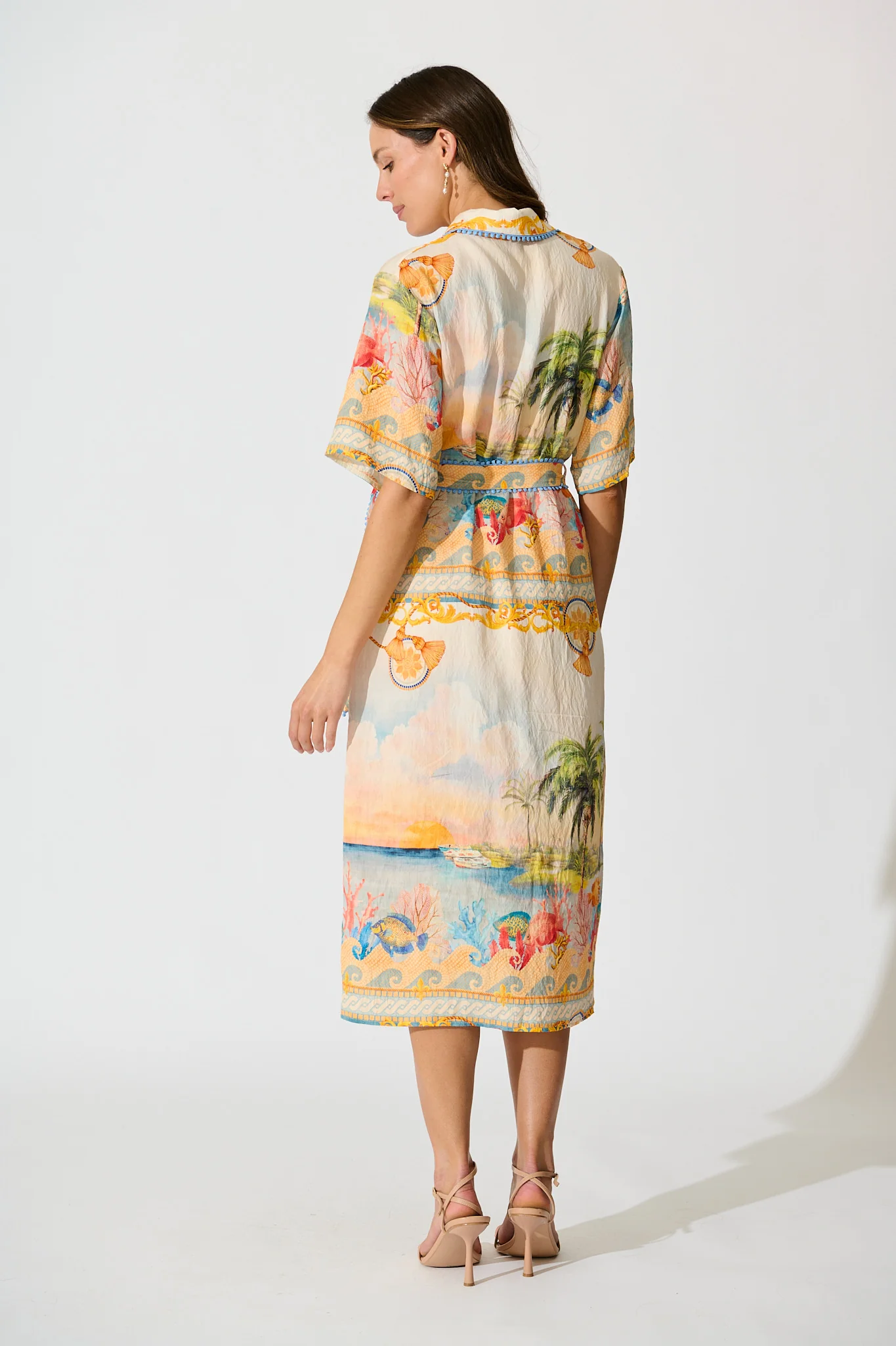 Elowen Midi Shirt Dress in Beige Multi Summer Print - Image 4