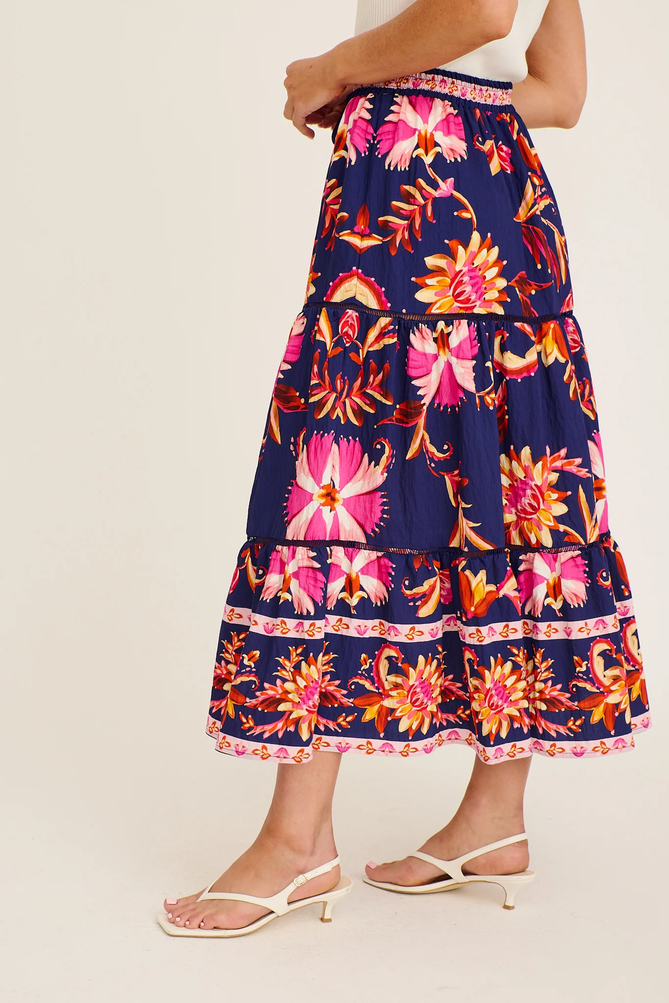Elris Maxi Skirt in Navy with Pink Floral Linen Blend - Image 2