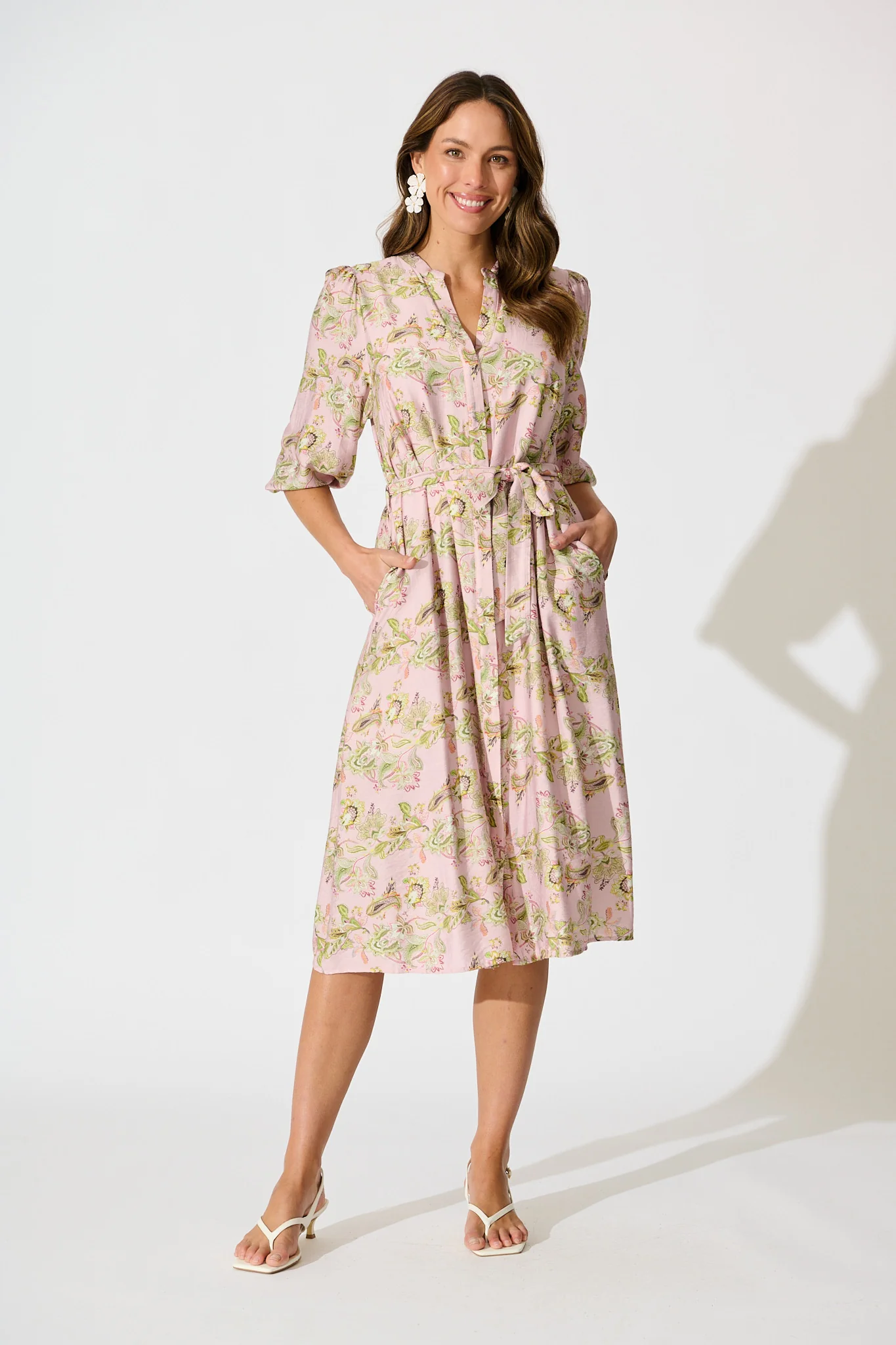 Emari Midi Dress in Blush with Green Print