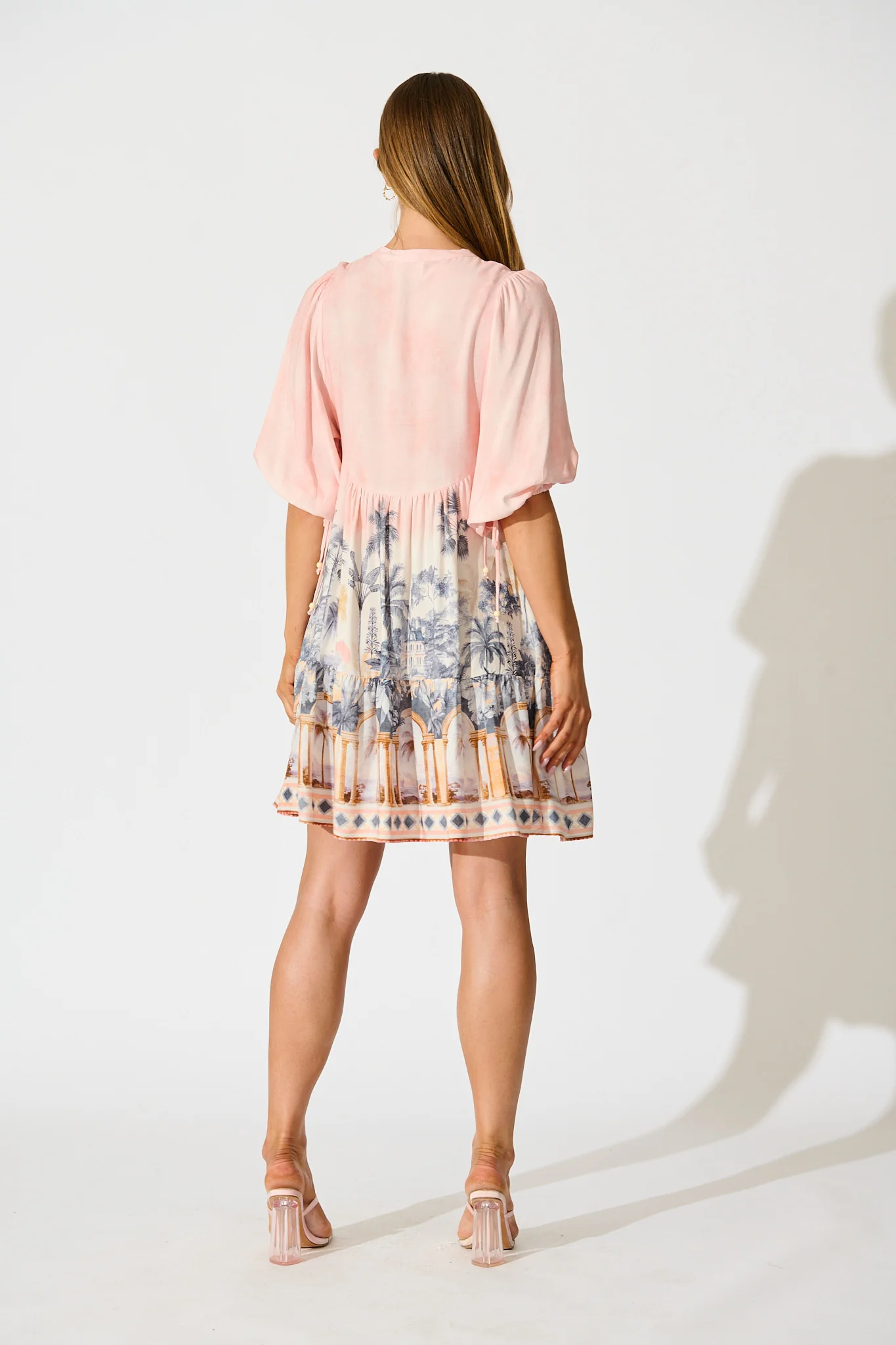 Emelyn Smock Dress in Blush Palm Tree Print - Image 4