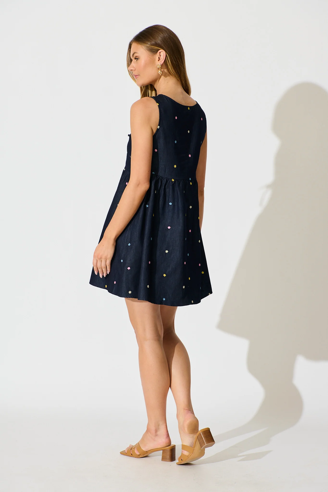 Emika Tie Front Dress in Dark Navy Multi Floral Embroidery Cotton Blend - Image 4