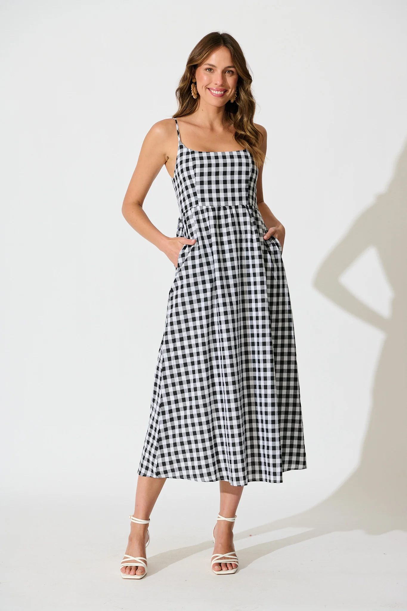 Emmy Maxi Sundress In Black Gingham Cotton Blend