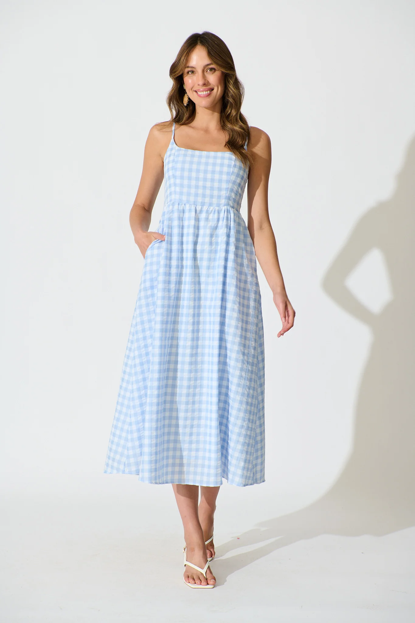 Emmy Maxi Sundress In Blue Gingham Cotton Blend