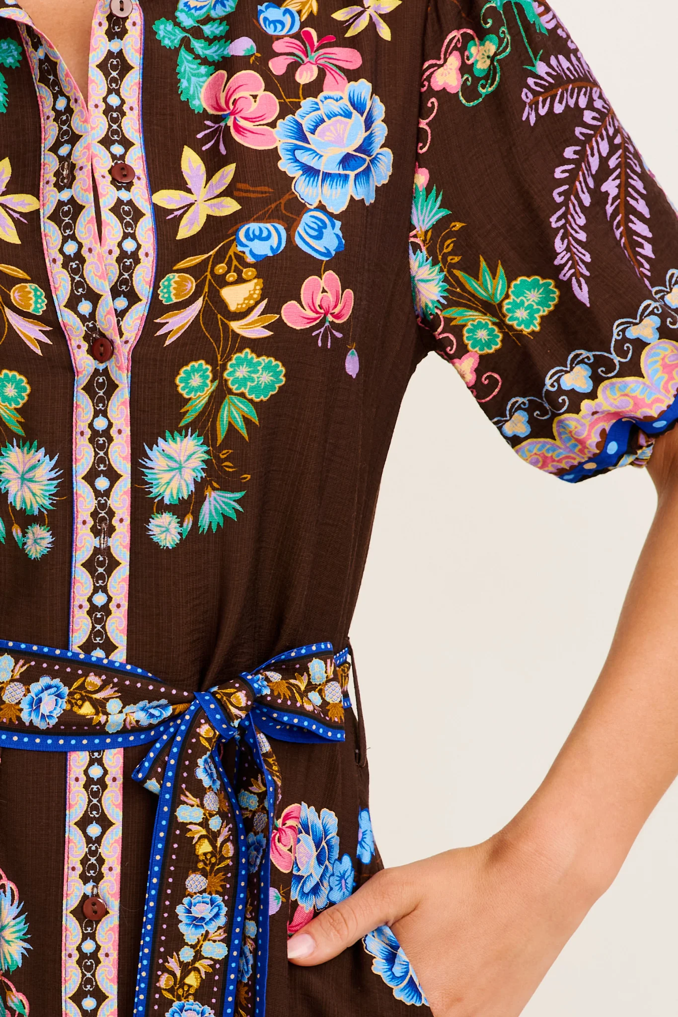 Enthusiast Maxi Shirt Dress in Chocolate Multi Floral Print Linen Blend - Image 5