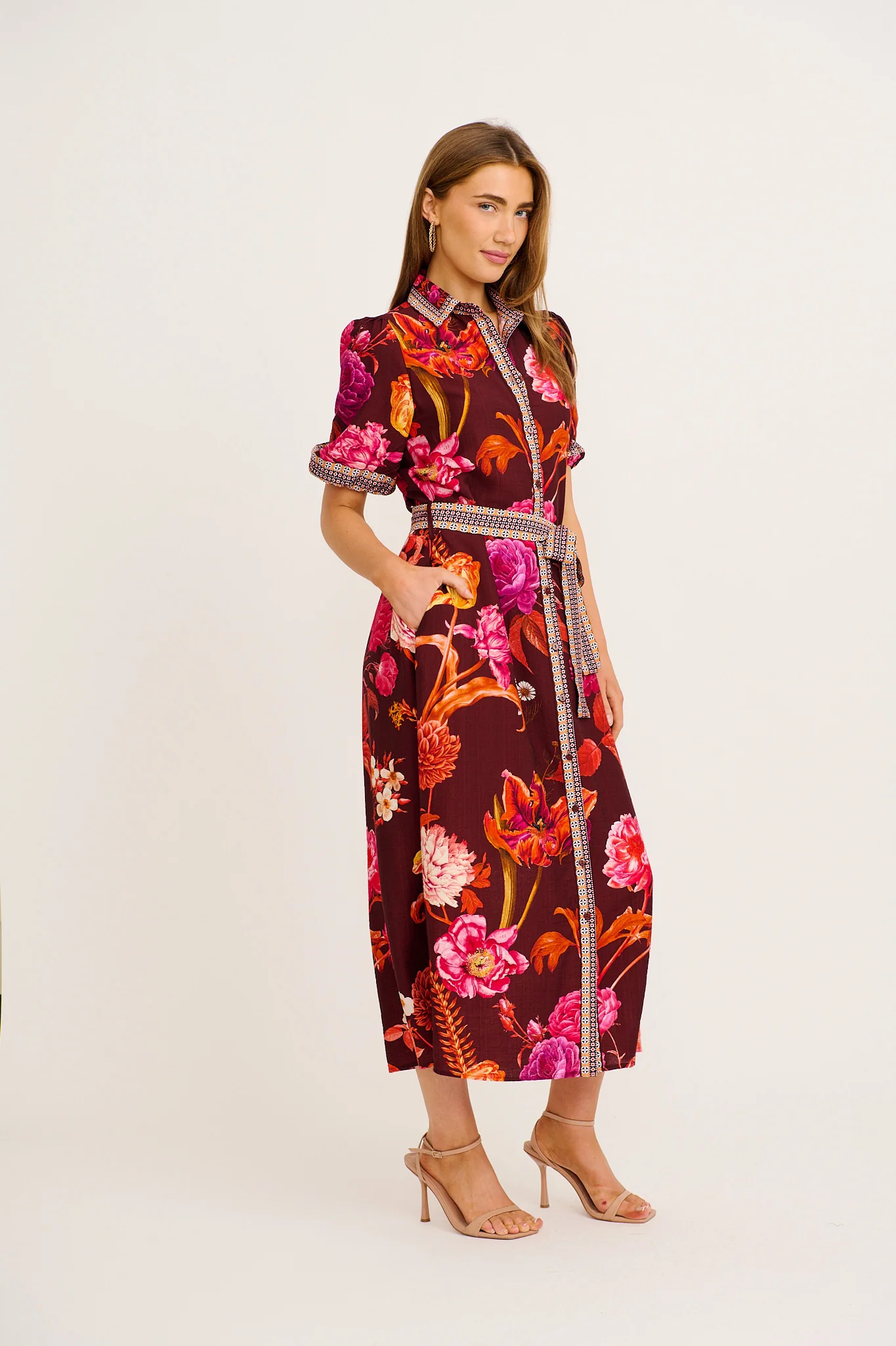 Enthusiast Maxi Shirt Dress in Wine Multi Floral Print Linen Blend - Image 3