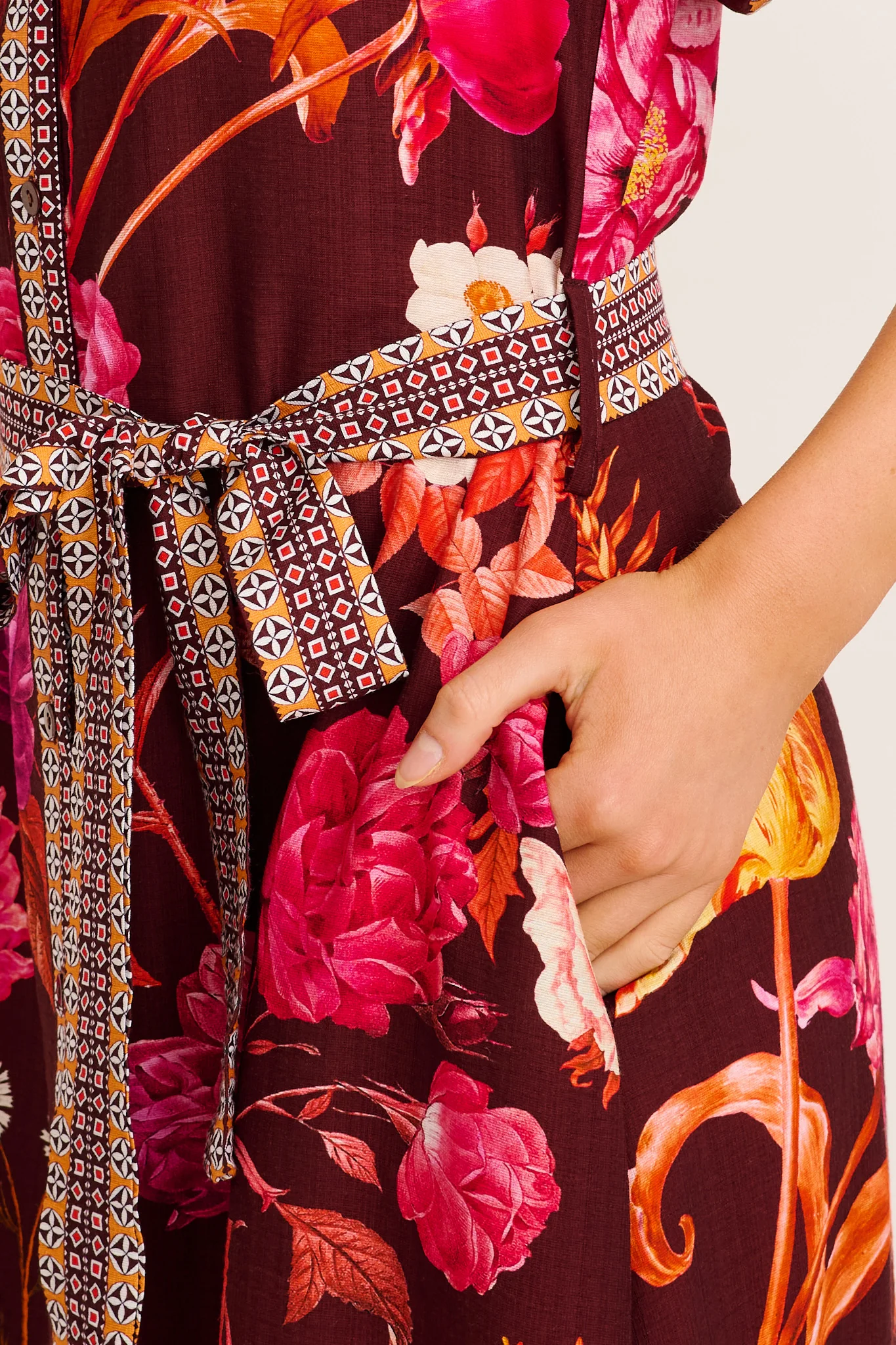 Enthusiast Maxi Shirt Dress in Wine Multi Floral Print Linen Blend - Image 5