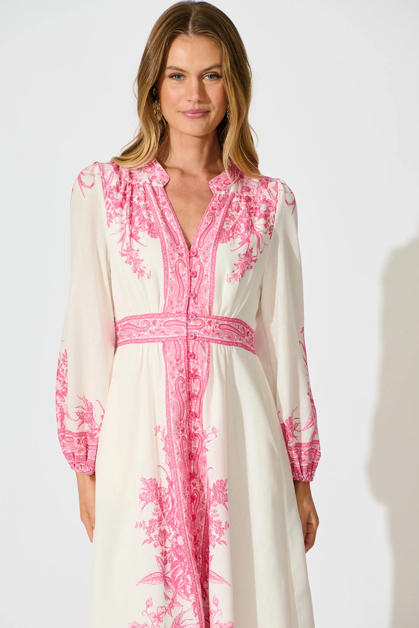 Evilia Maxi Dress in Cream with Pink Floral Linen Blend - Image 2