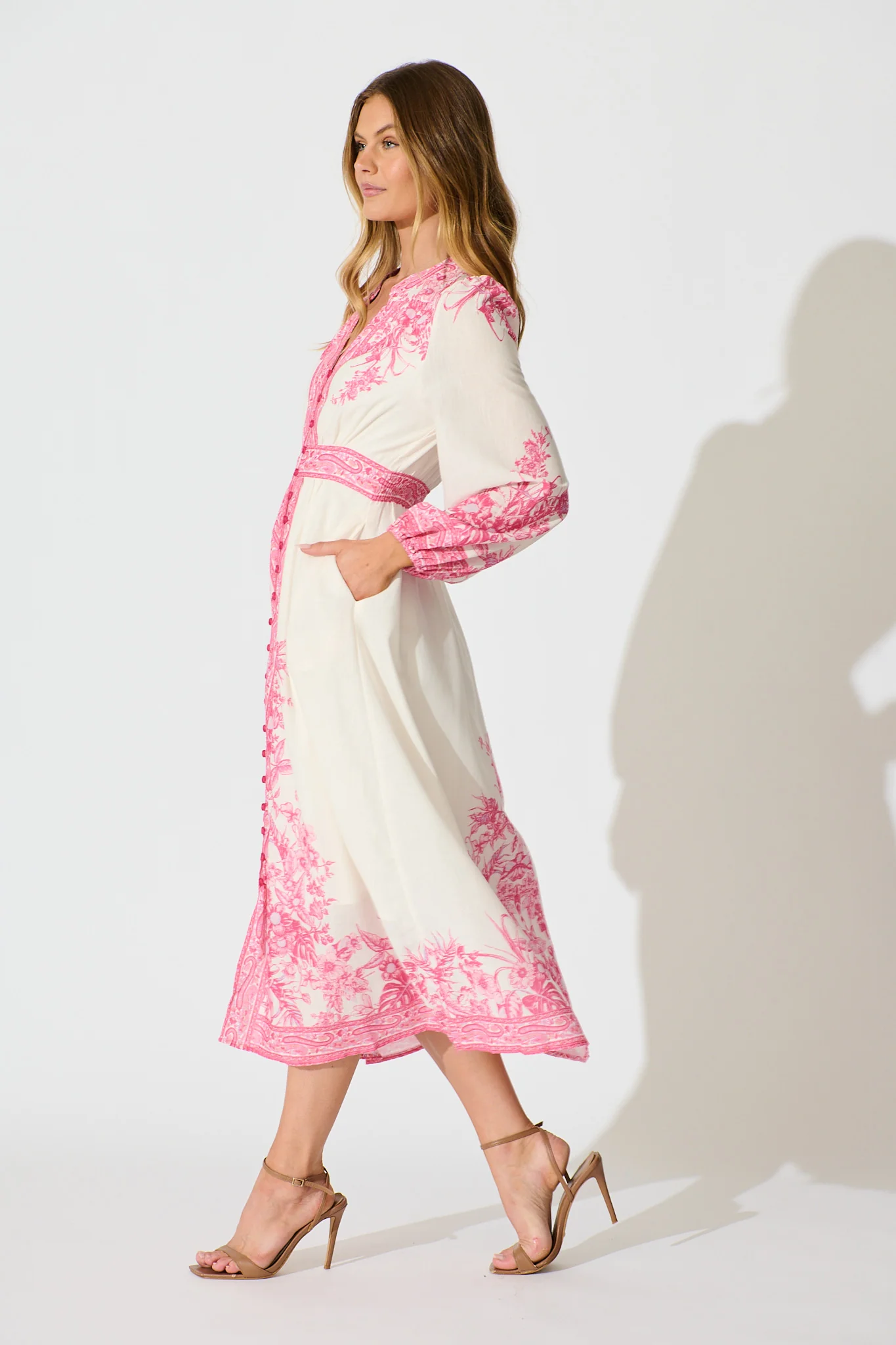 Evilia Maxi Dress in Cream with Pink Floral Linen Blend - Image 3