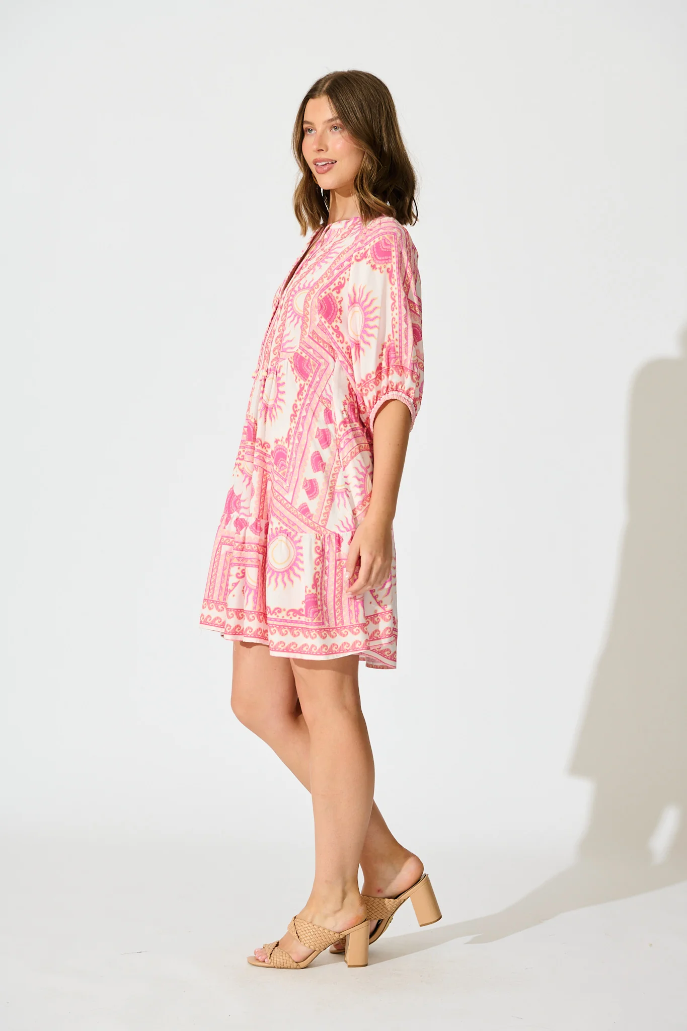 Falicia Smock Dress in White with Multi Pink Print - Image 3