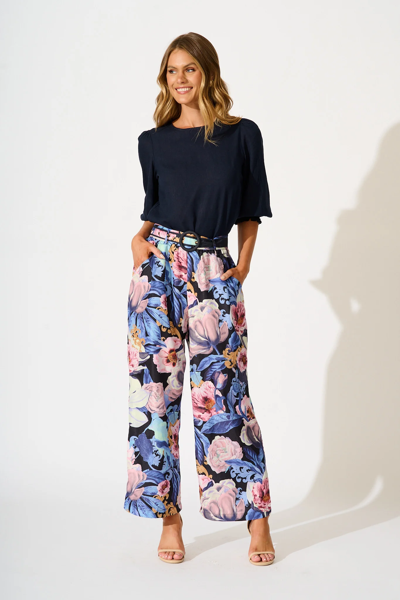 Fantasy Pant in Multi Blue Floral Linen Blend - Image 4