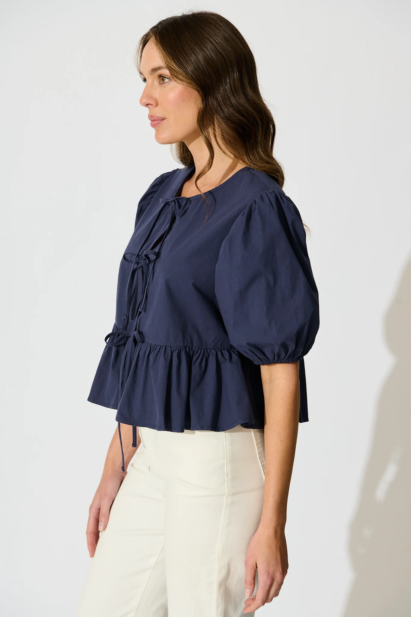 Faria Tie Front Top in Navy Cotton - Image 2