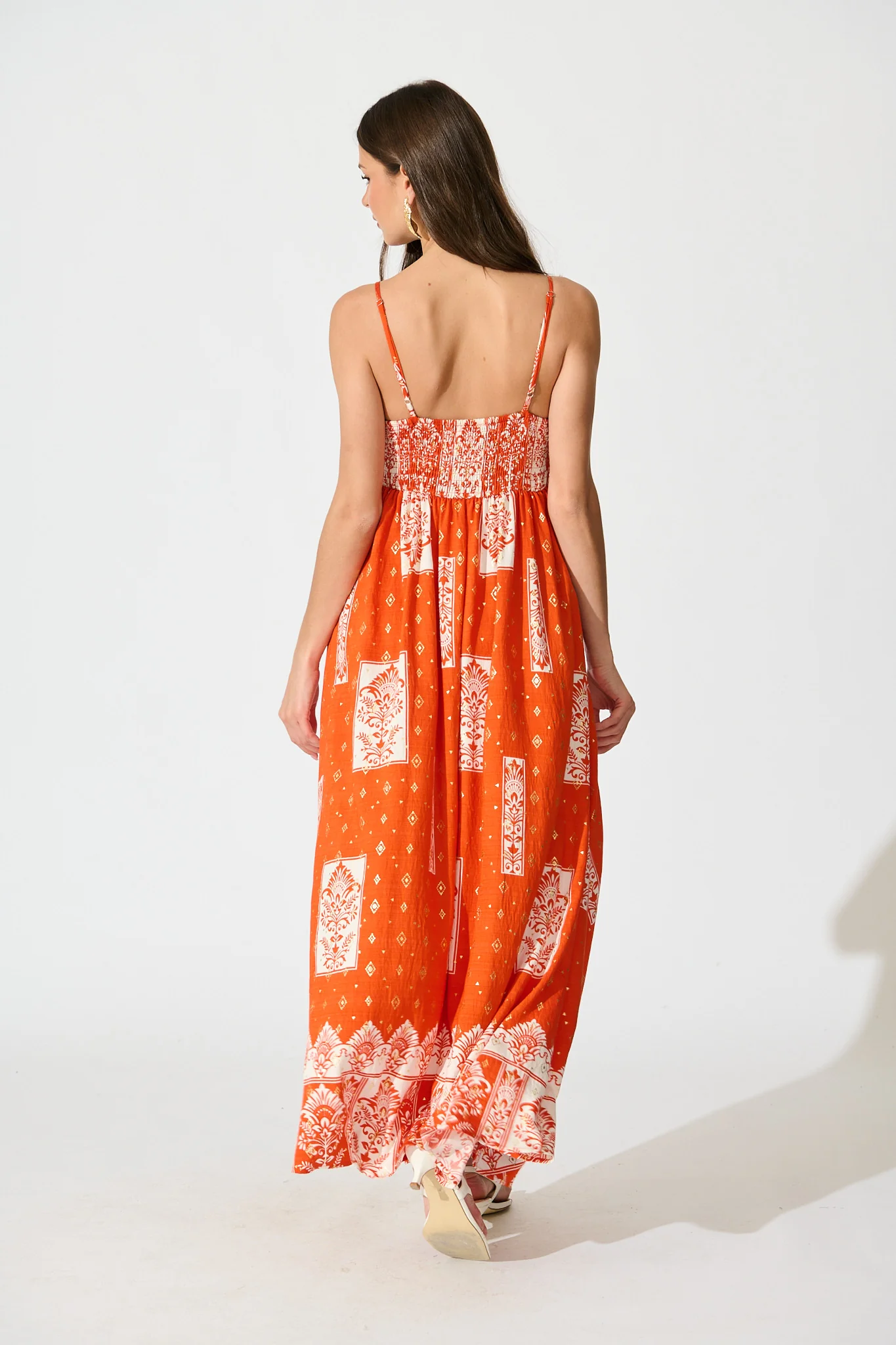 Fayda Maxi Sundress in Orange with White Tile Linen Blend - Image 4