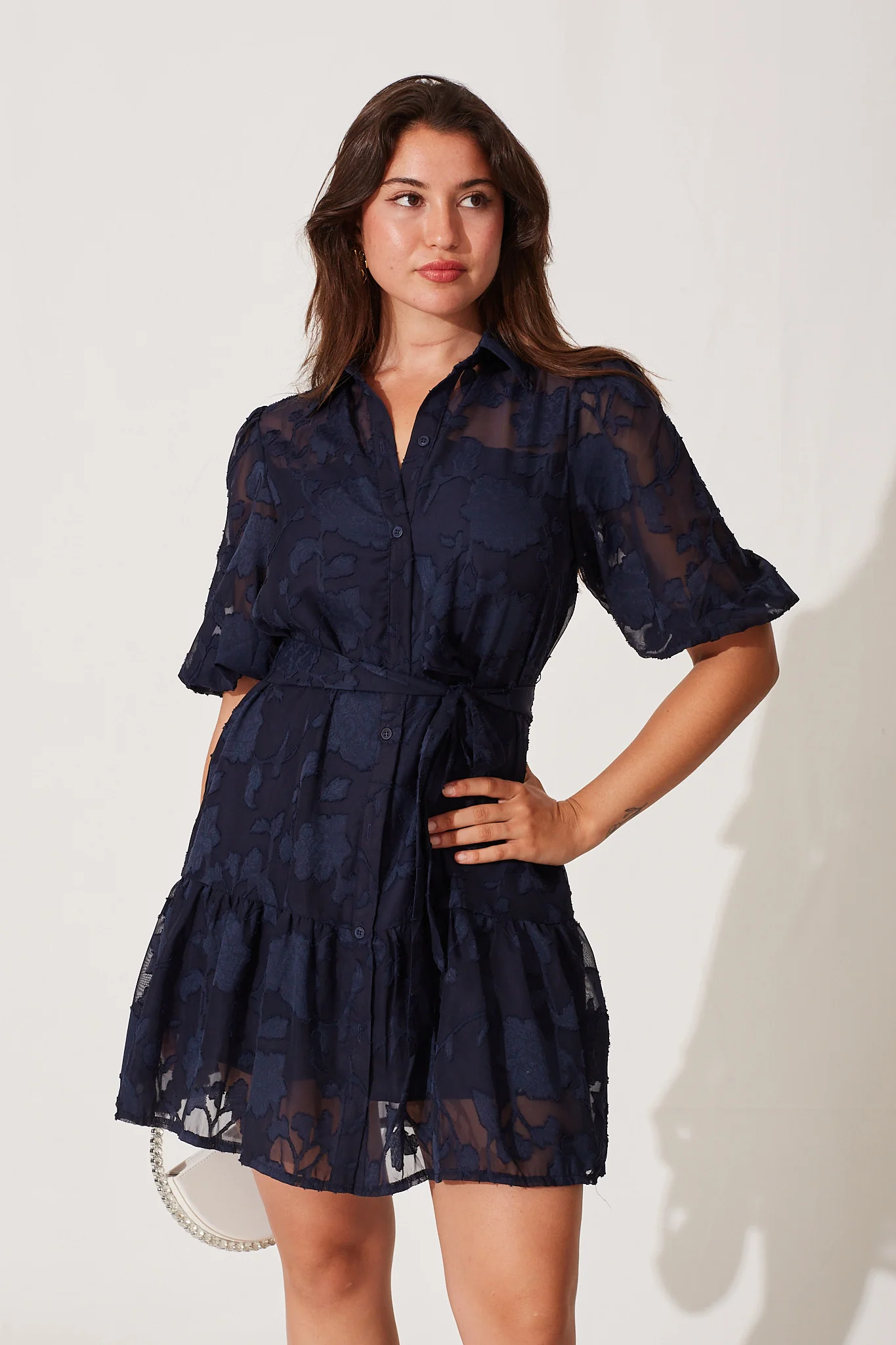 Fione Shirt Dress In Navy Burnout Chiffon - Image 2