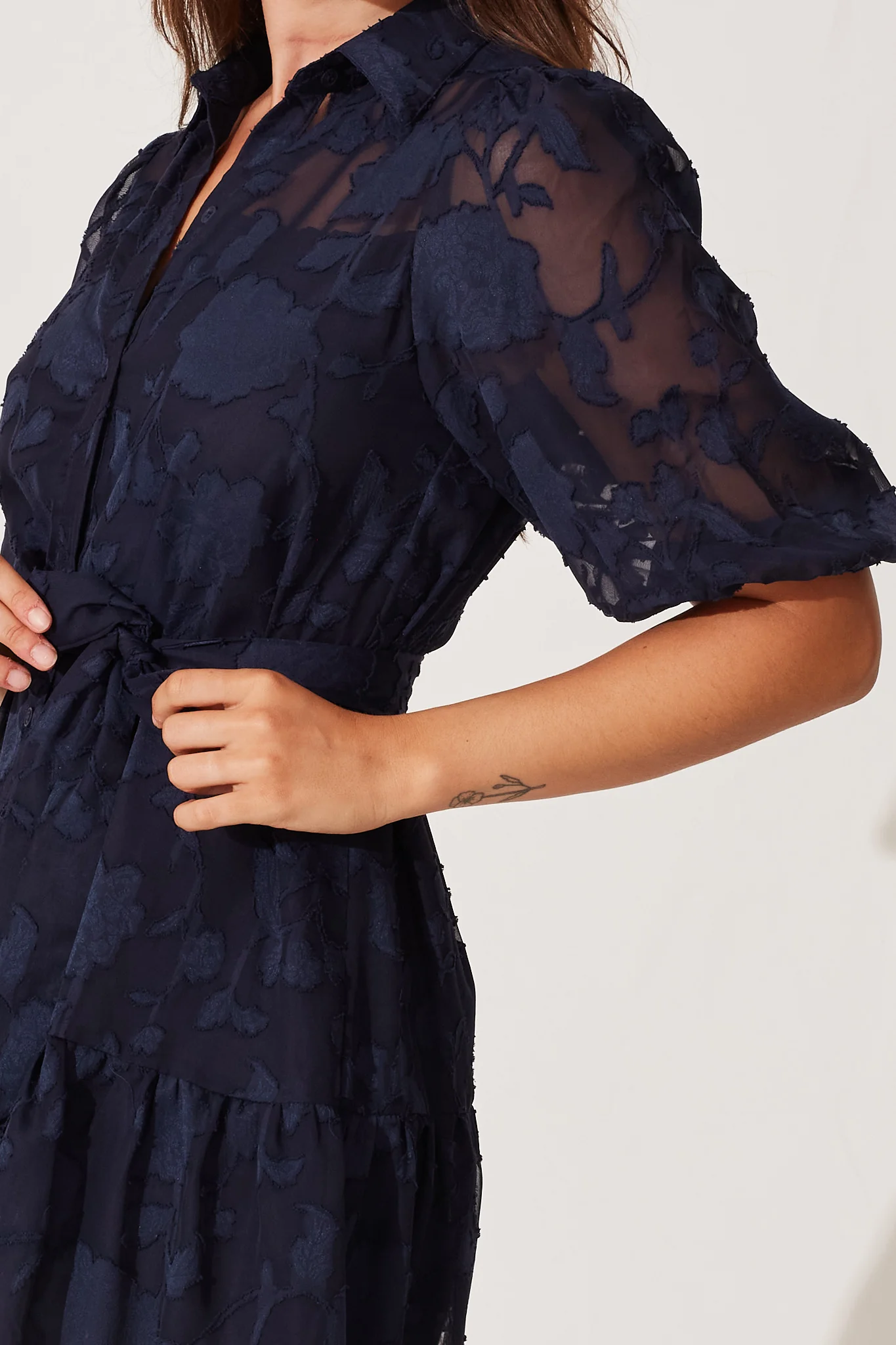 Fione Shirt Dress In Navy Burnout Chiffon - Image 5