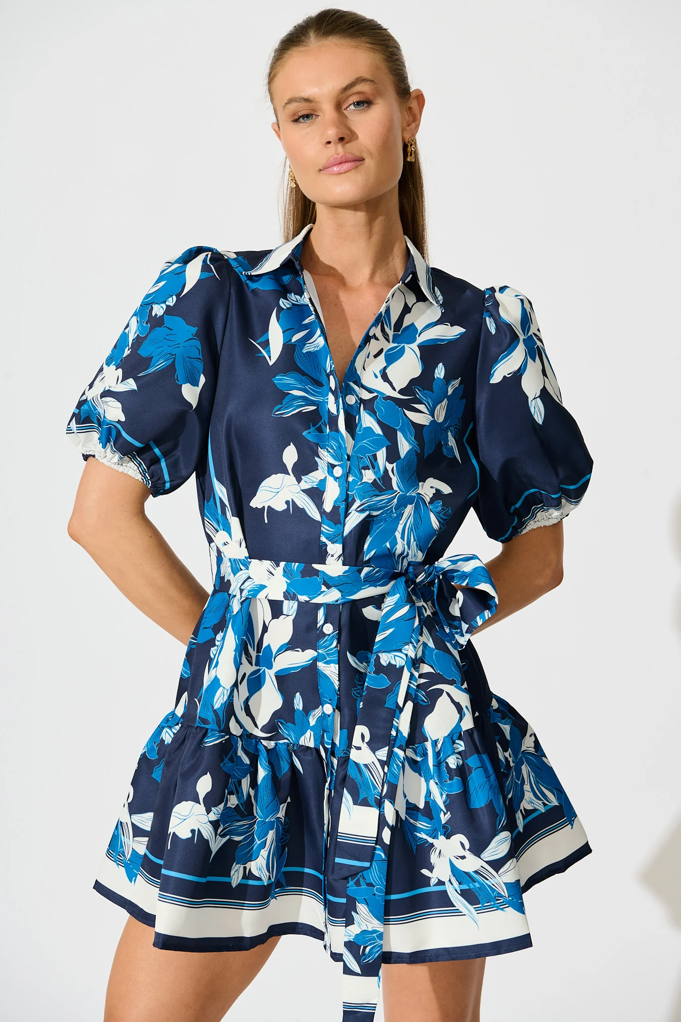 Fione Shirt Dress in Navy Floral Satin - Image 2
