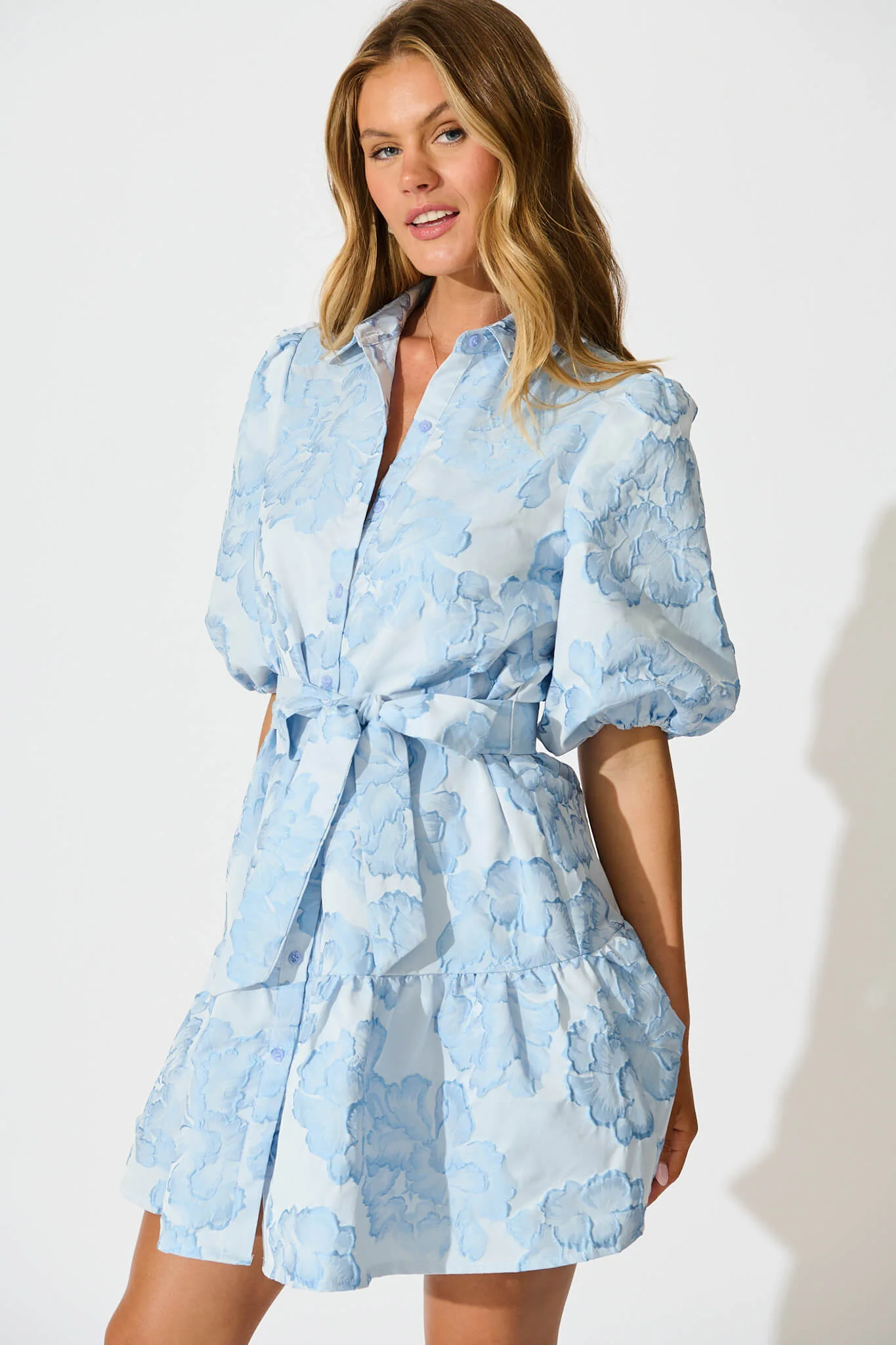 Fione Shirt Dress in Pale Blue Floral Jacquard - Image 2