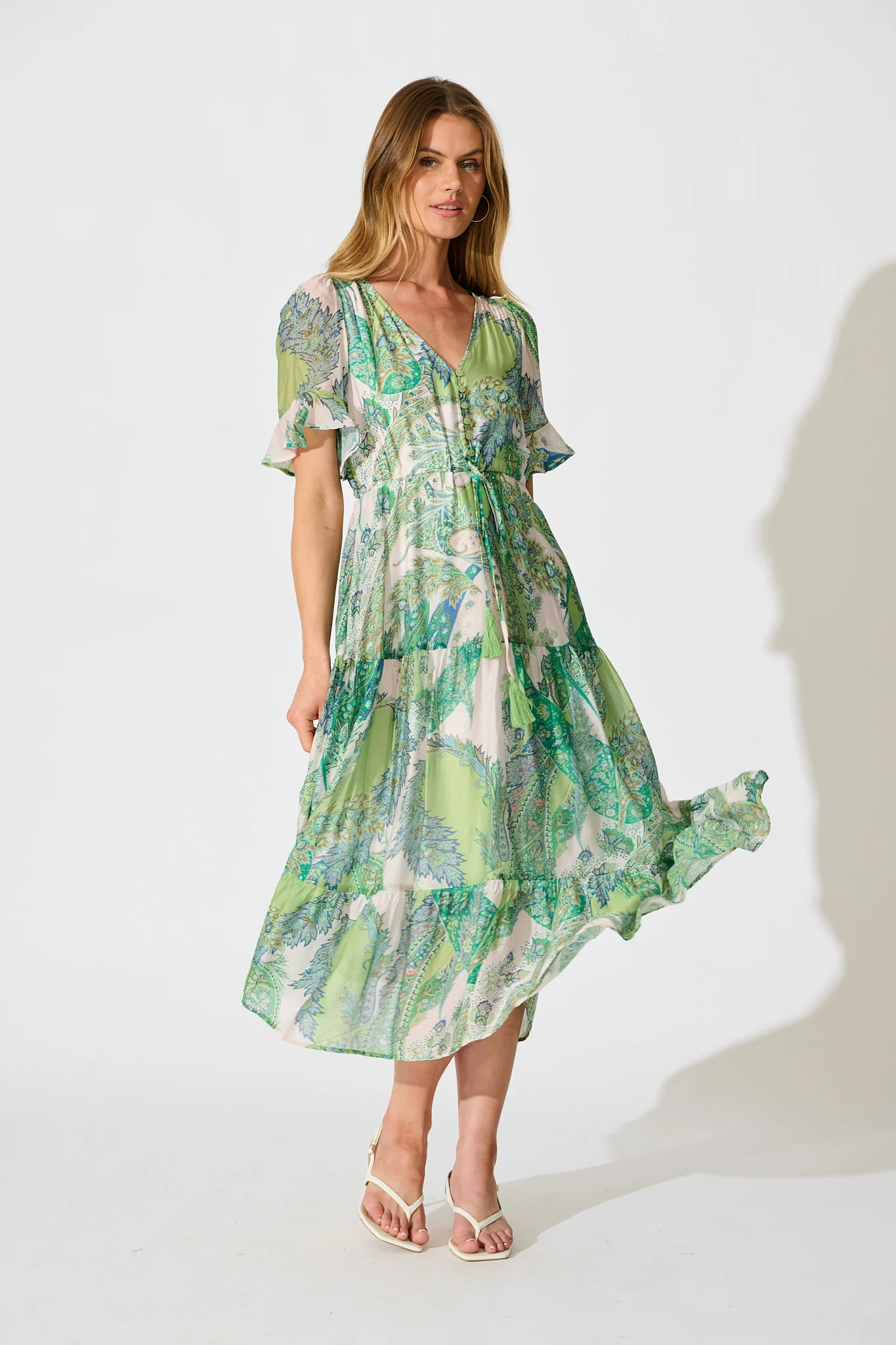 Flamenco Rose Midi Dress in Green Multi Print