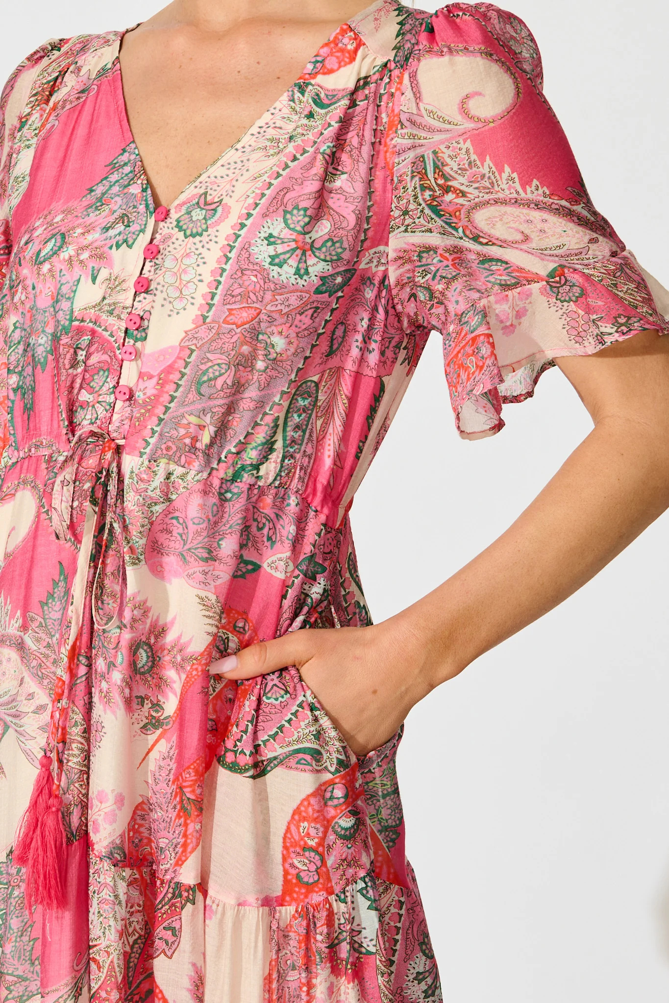 Flamenco Rose Midi Dress in Pink with Boho Print - Image 5