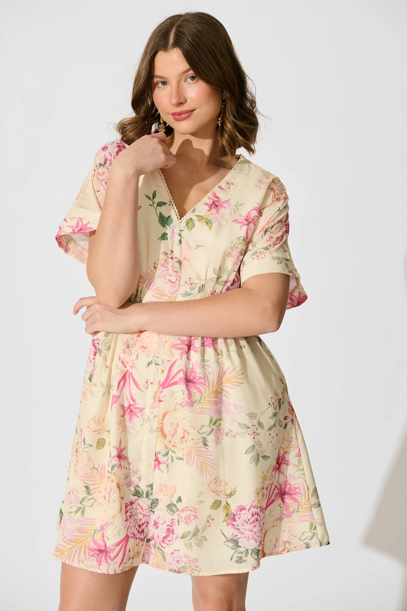 Fleur Haven Dress In Butter Yellow Pink Floral Linen Blend - Image 4