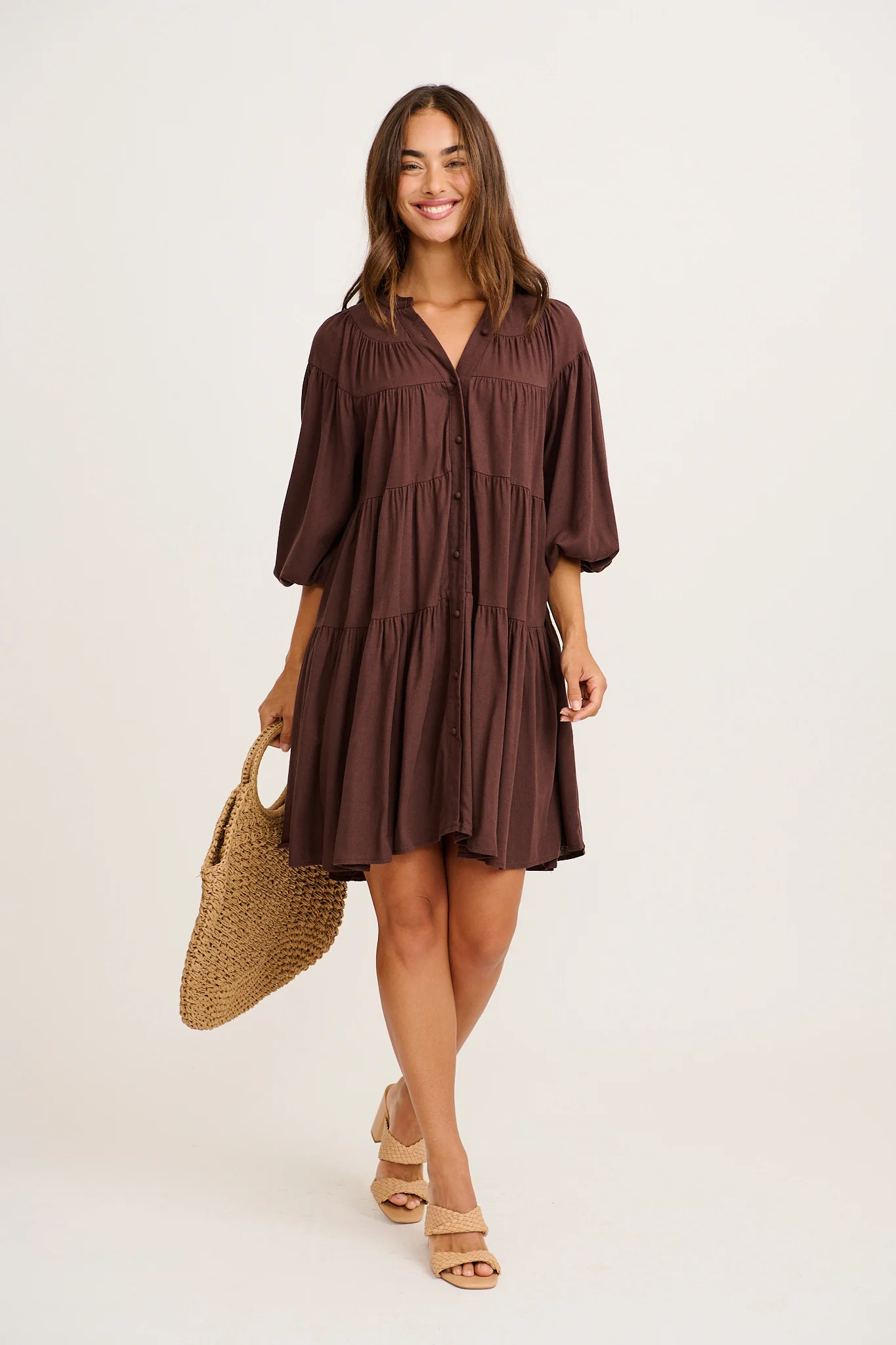 Floating Free Smock Dress in Chocolate Cotton Linen
