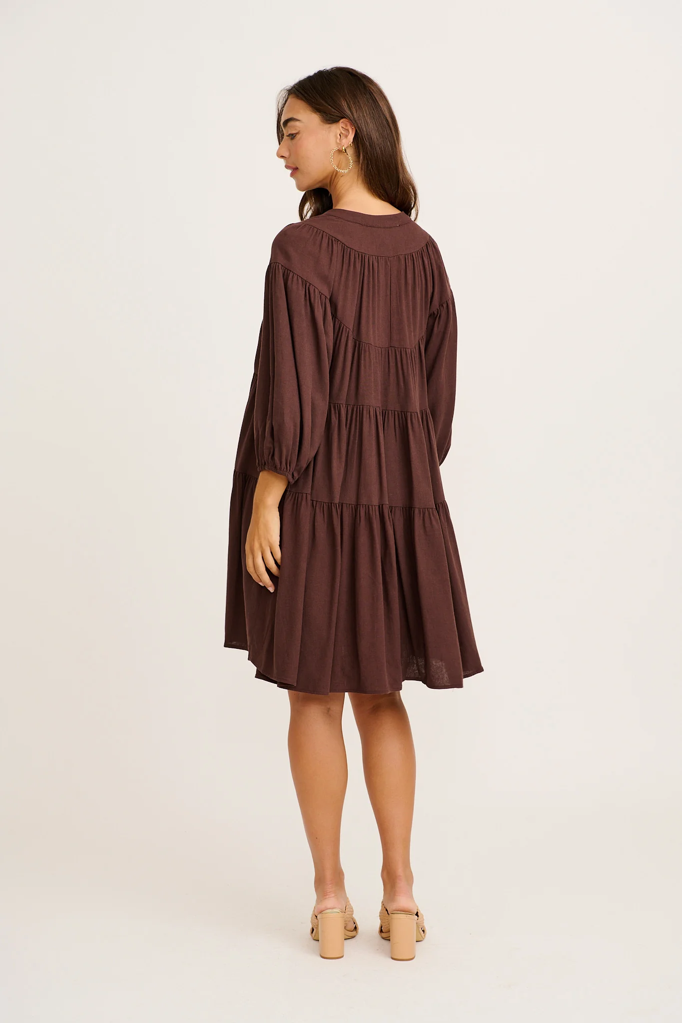 Floating Free Smock Dress in Chocolate Cotton Linen - Image 4