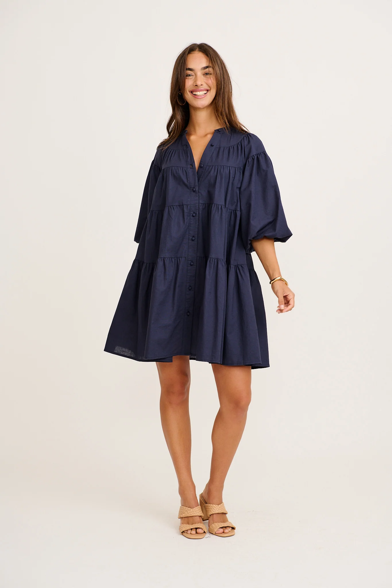 Floating Free Smock Dress in Navy Cotton Linen