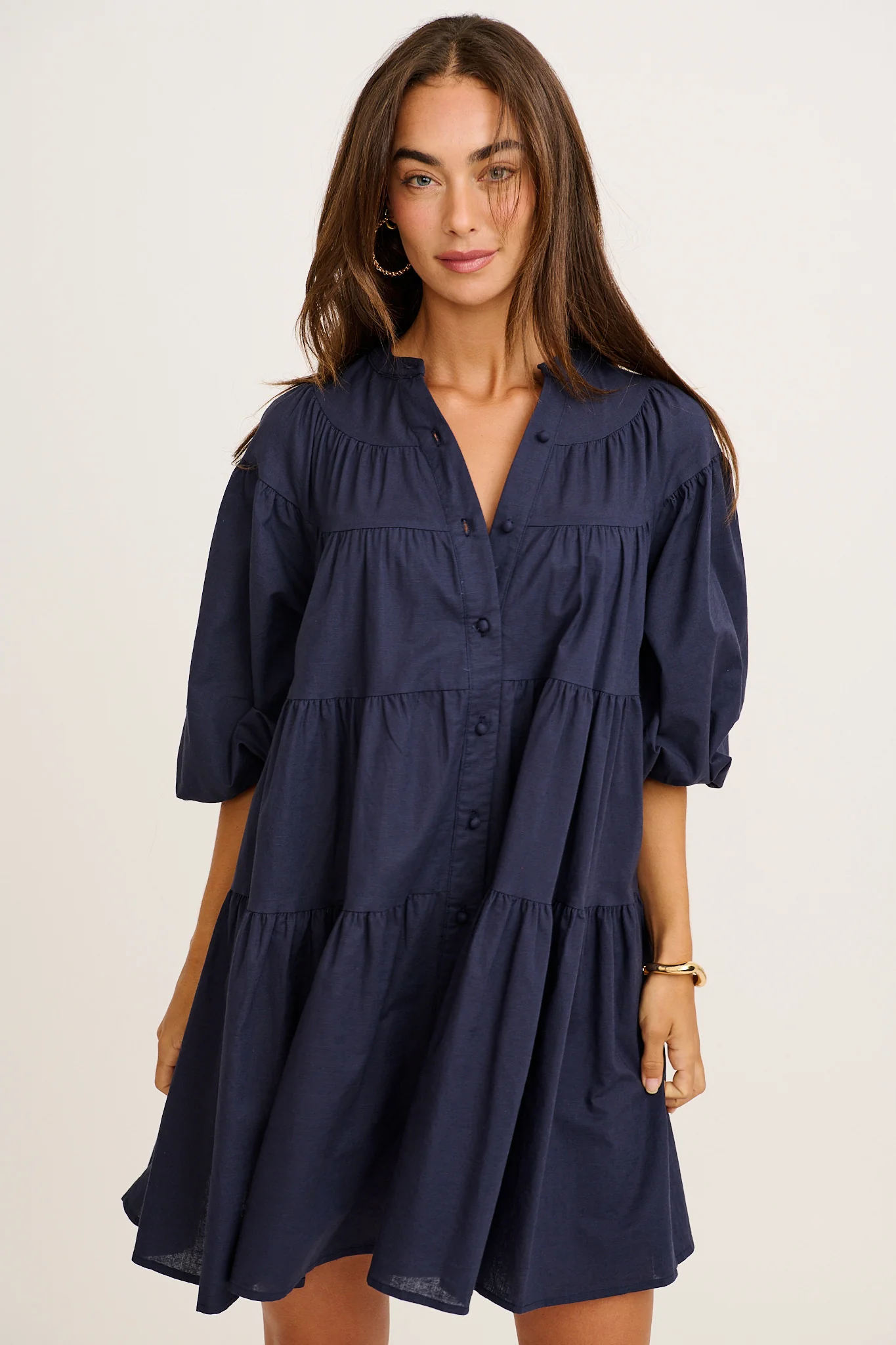 Floating Free Smock Dress in Navy Cotton Linen - Image 2