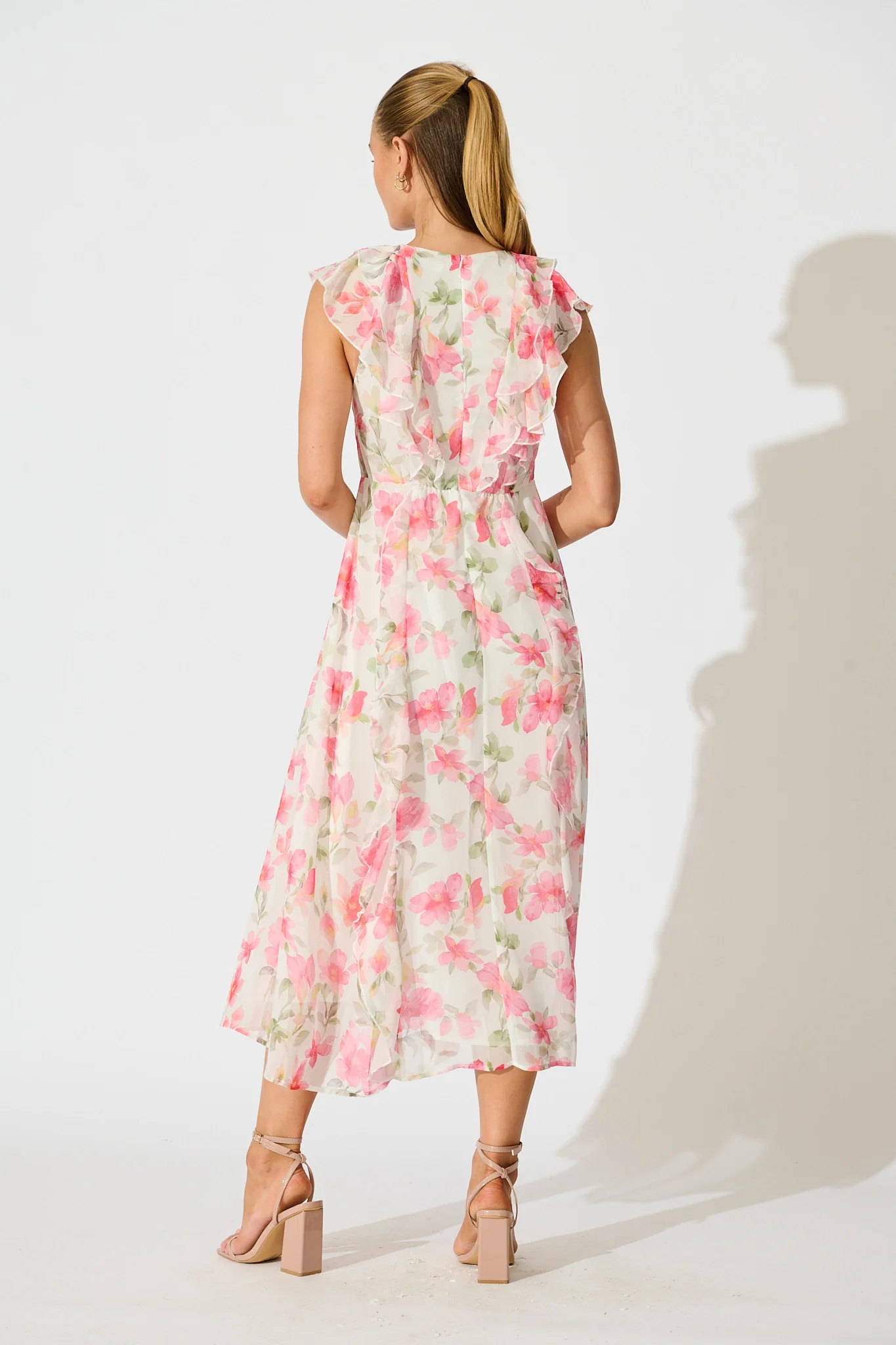 Flora Belle Midi Dress in White with Pink Floral - Image 4