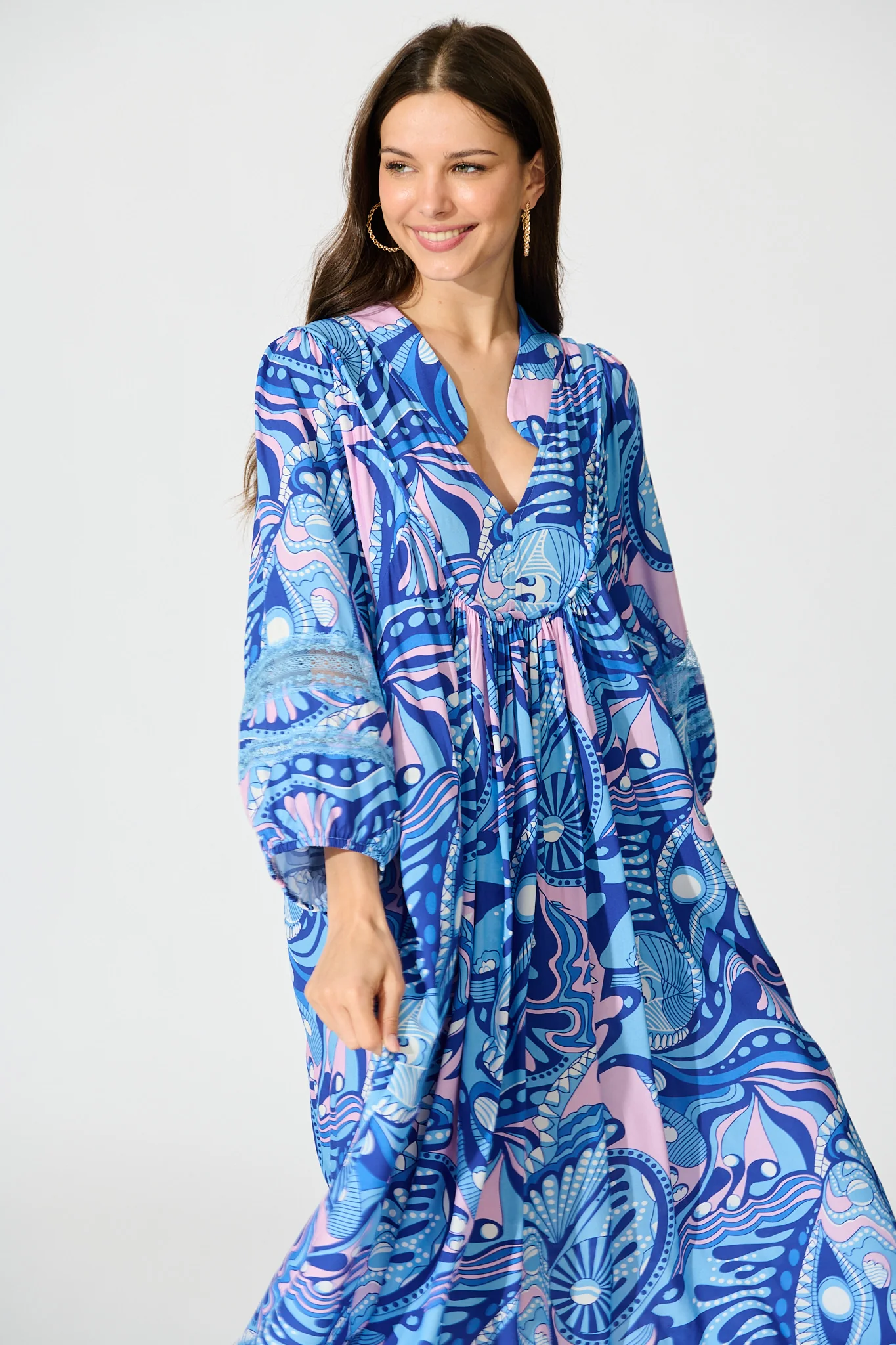 Flore Midi Smock Dress in Multi Blue Print - Image 2