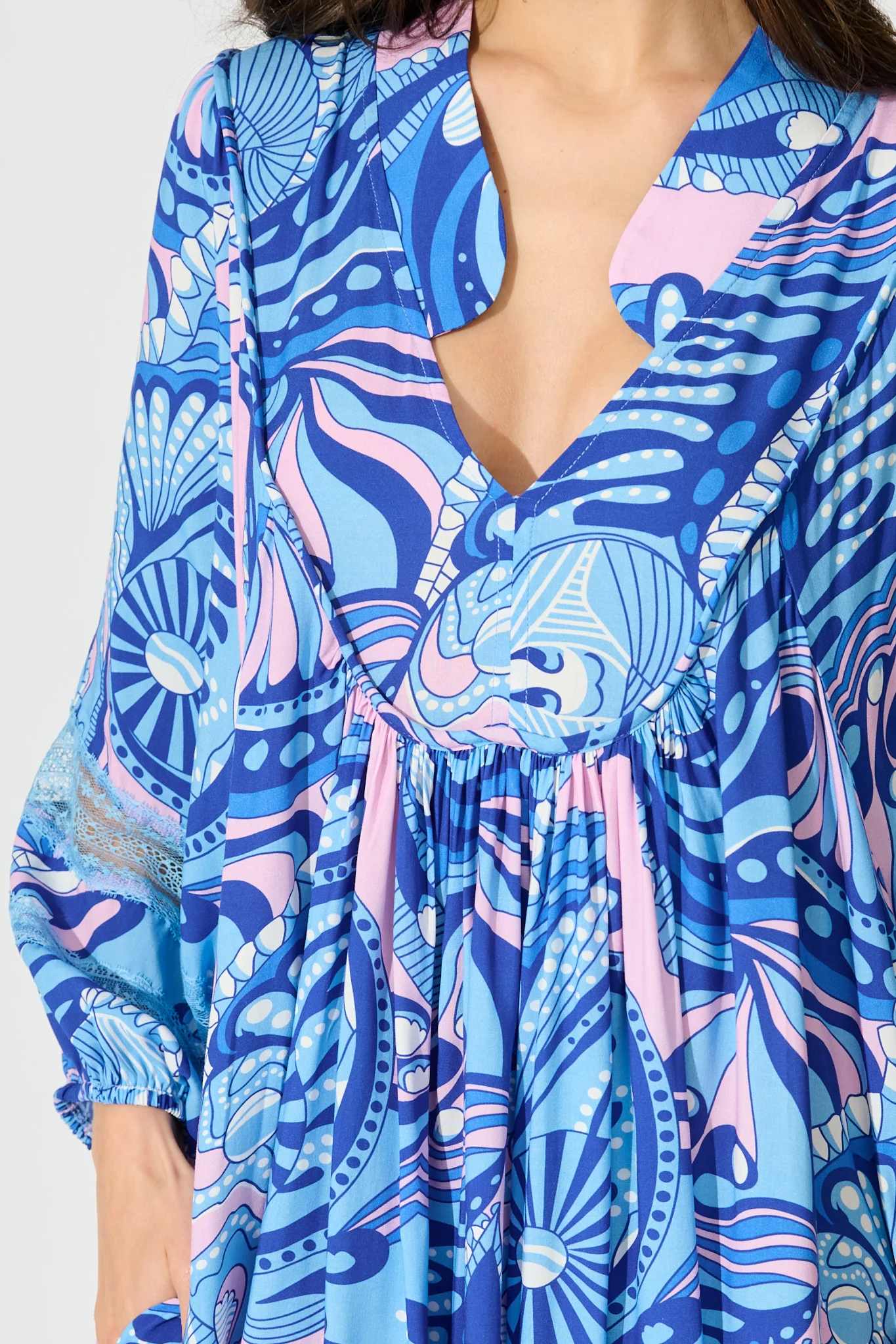 Flore Midi Smock Dress in Multi Blue Print - Image 5
