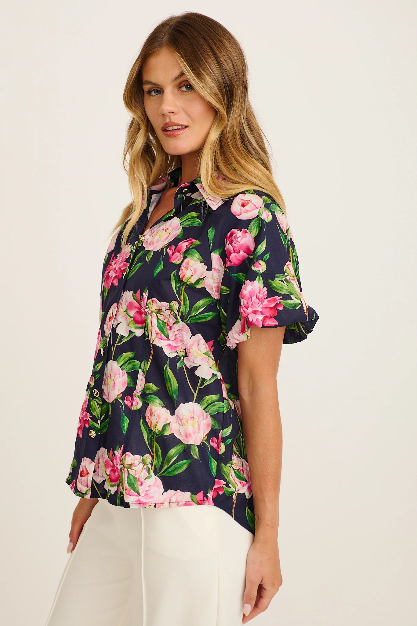 Flourish Shirt in Navy with Blush Floral Cotton - Image 2