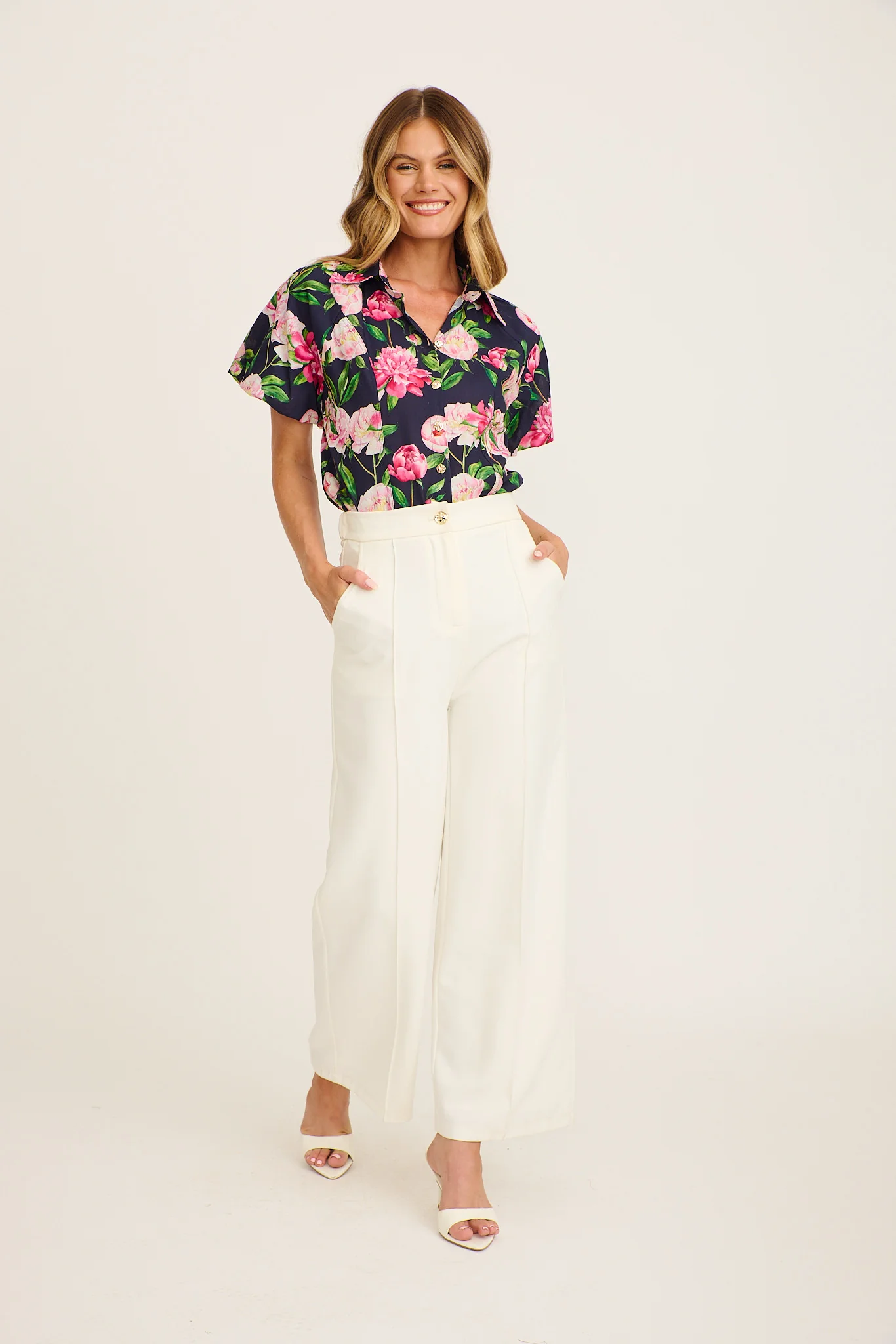Flourish Shirt in Navy with Blush Floral Cotton - Image 4